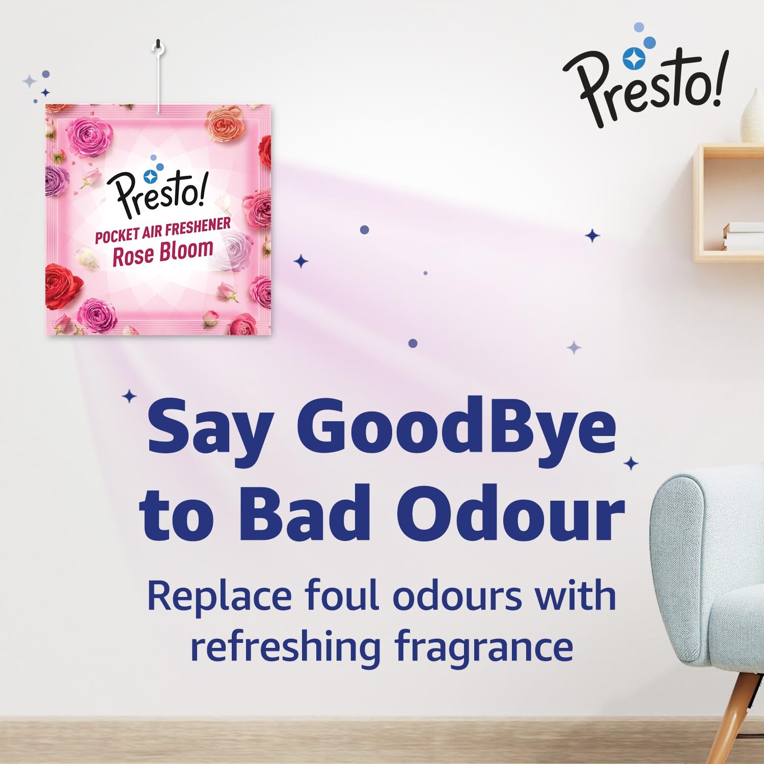 Presto! Pocket Air Freshener Refillable - 5 Assorted Long-Lasting Fragrances (50g Each) for Car, Home, Office & Closet | Up to 30 Days Freshness | Amazon Brand