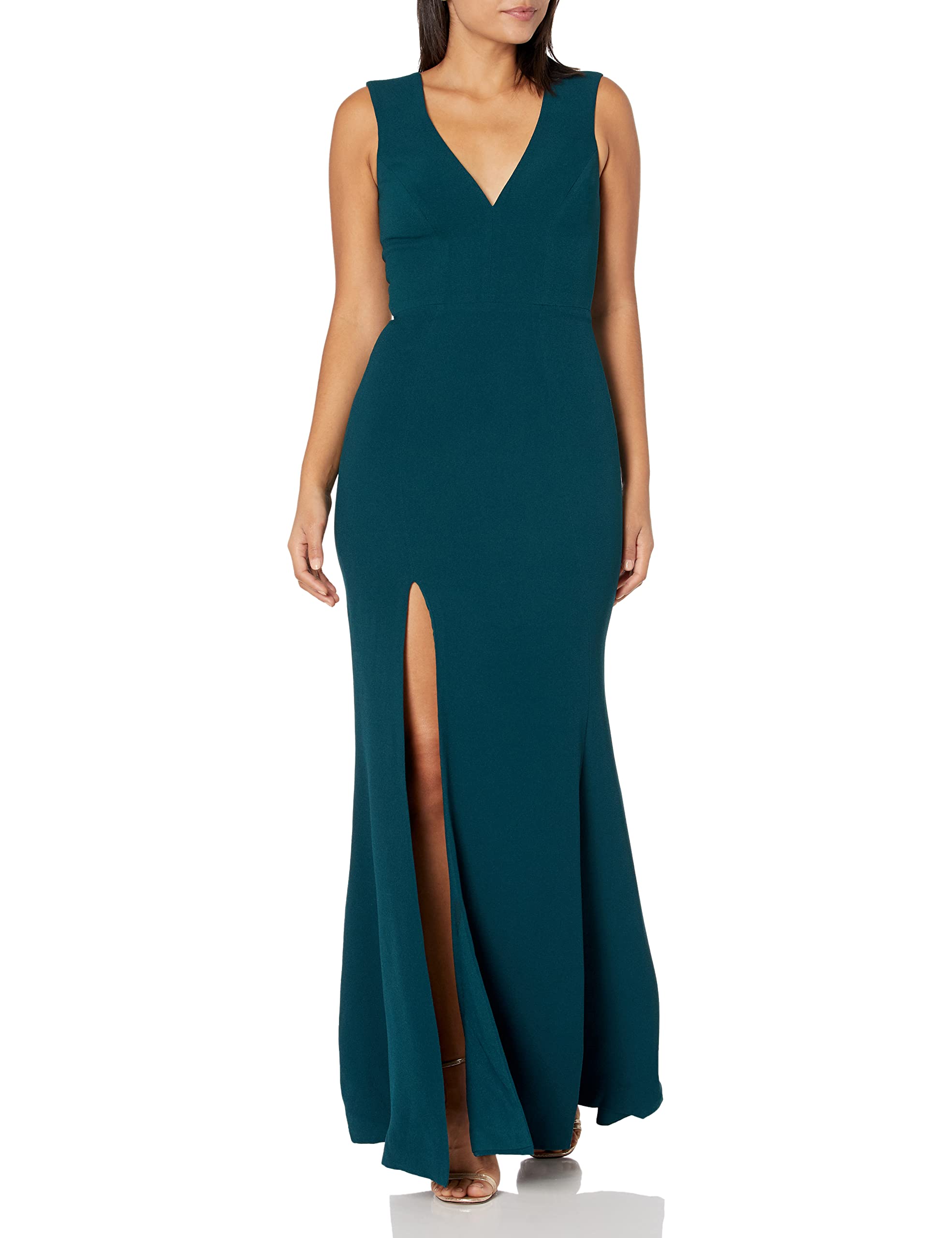 Dress the Population Women's Sandra Plunging Neckline Thick Strap Solid Gown with High Slit - Elegant Evening Gown for Prom, Wedding Guest & Formal Events