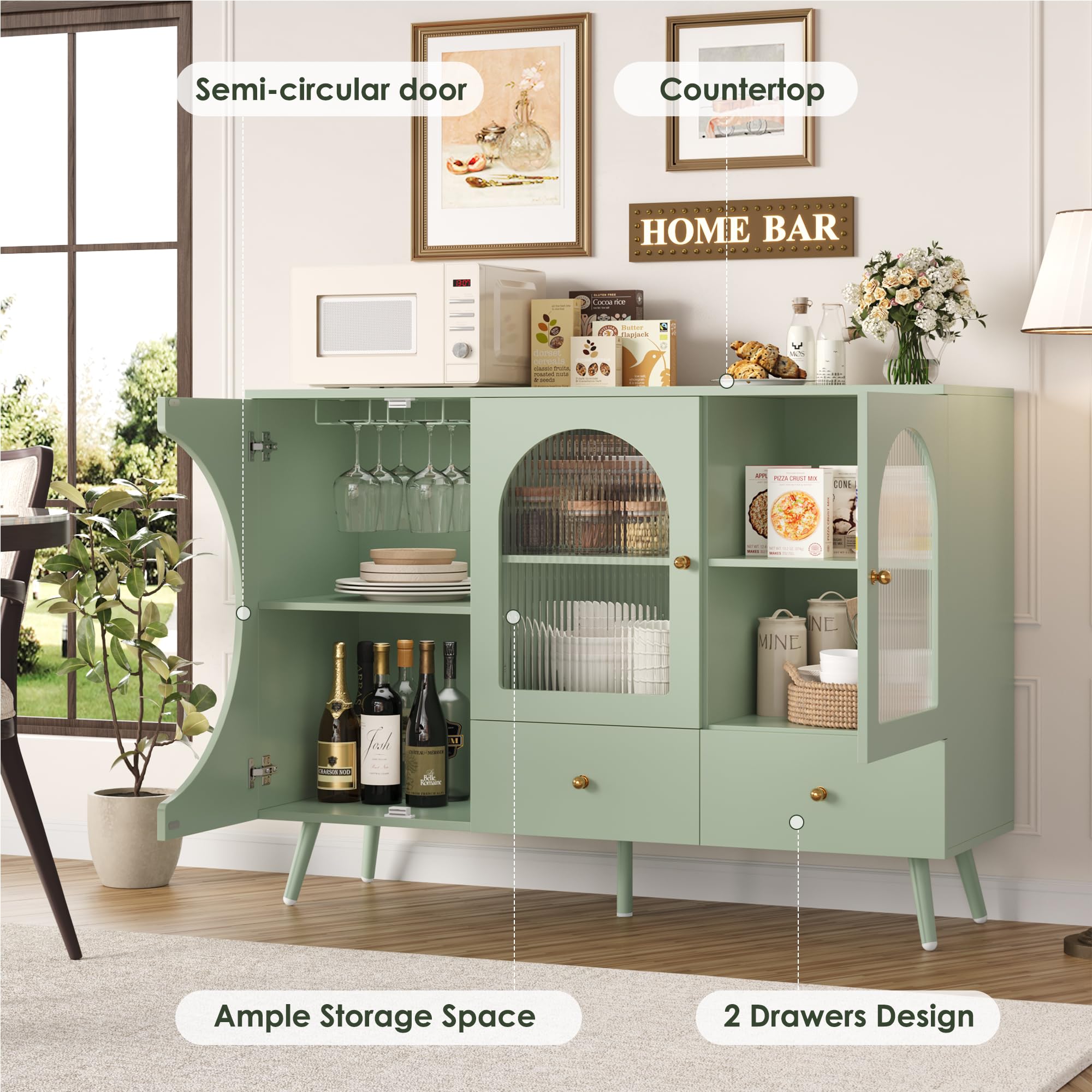 Coffee Bar Cabinet with 2 Drawers & Fluted Glass Door, Modern Buffet Sideboard for Kitchen & Living Room, Stylish Wine Bar Storage Solution, Green - Perfect for Entertaining & Home Decor
