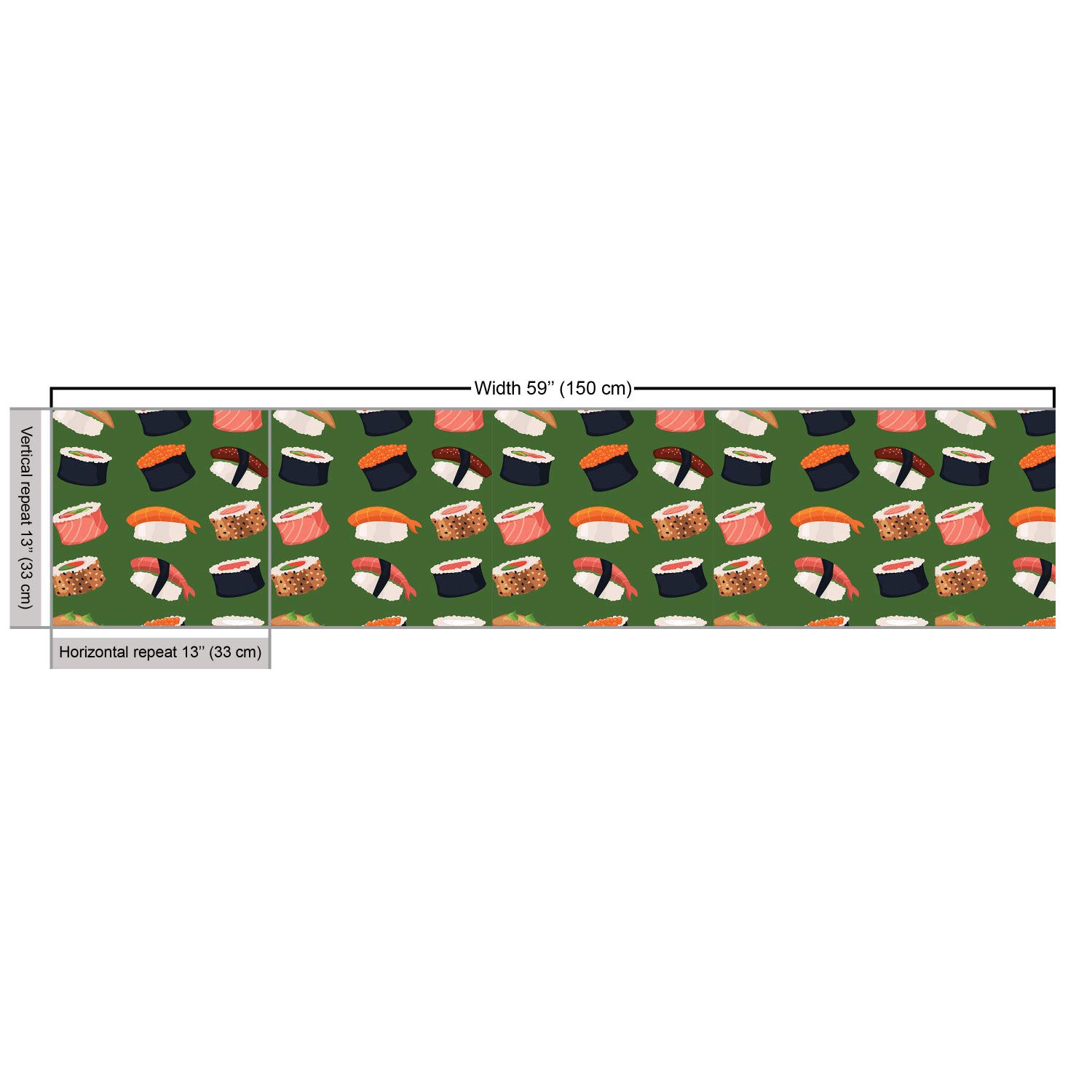 Ambesonne Sushi Print Fabric by The Yard - Traditional Sushi Rolls with Rice, Raw Fish & Veggies in Seaweed Design - 2 Yards Green Navy Upholstery Fabric for Sofa, Curtains & Home Decor (Seafood Themed)