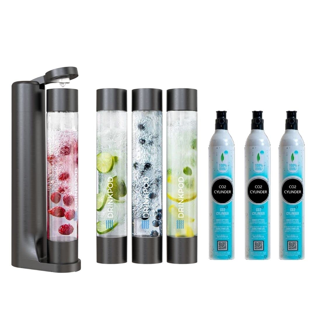 FIZZpod Soda Maker Machine - Make Sparkling Water, Juice, Coffee, Tea & Cocktails at Home | Includes 3 Water Bottles, 3 Caps, Carbonator Cap & Manual | Comes with 3 CO2 Cylinders (Black) | Perfect for Kitchen, Office, Parties & Healthy Lifestyle