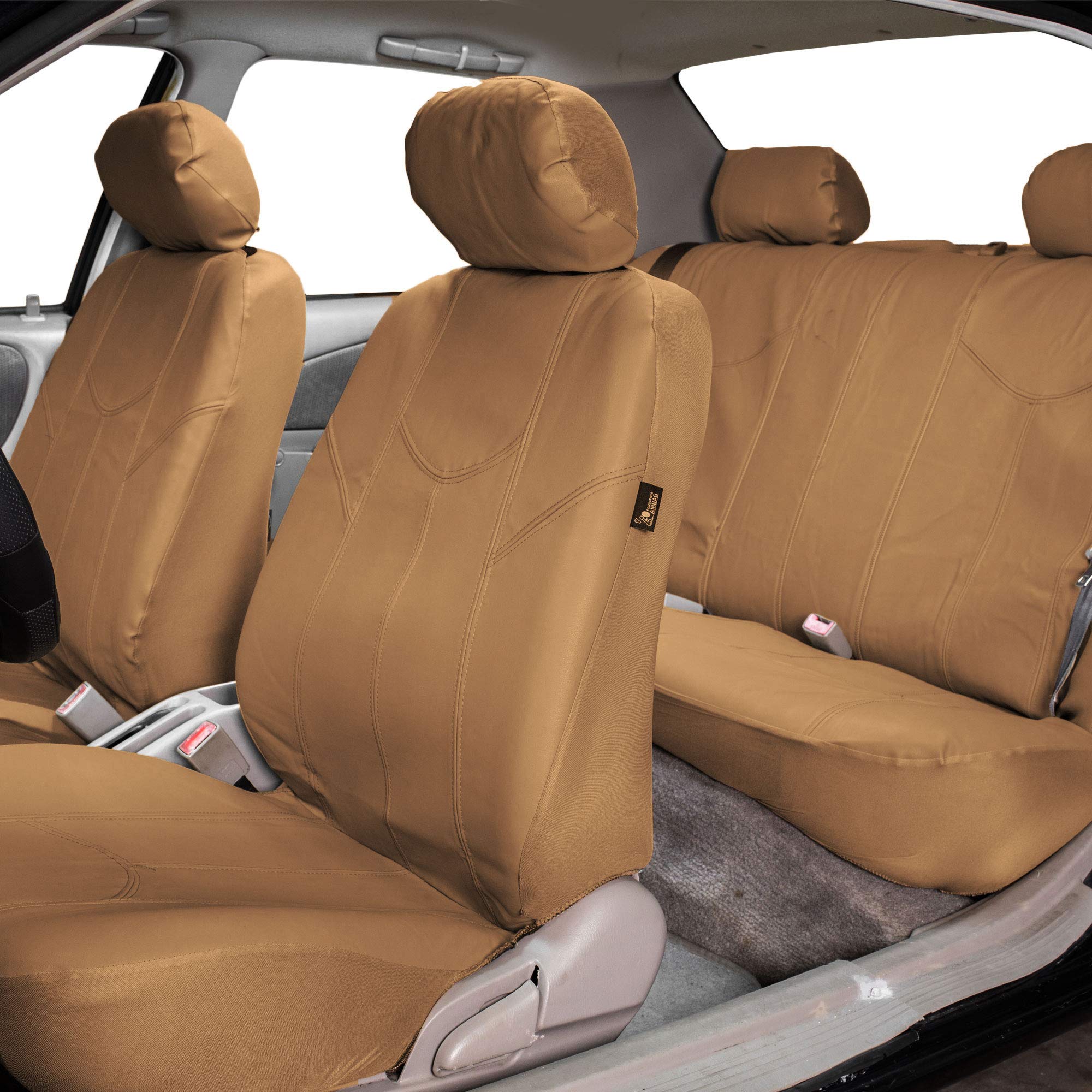 FH Group Car Seat Cover Cushion - 2 Pack Universal Fit Waterproof Faux Leather Seat Covers for Cars, Trucks & SUVs (Tan) - Comfortable & Durable Protection for Long Drives & Daily Commutes