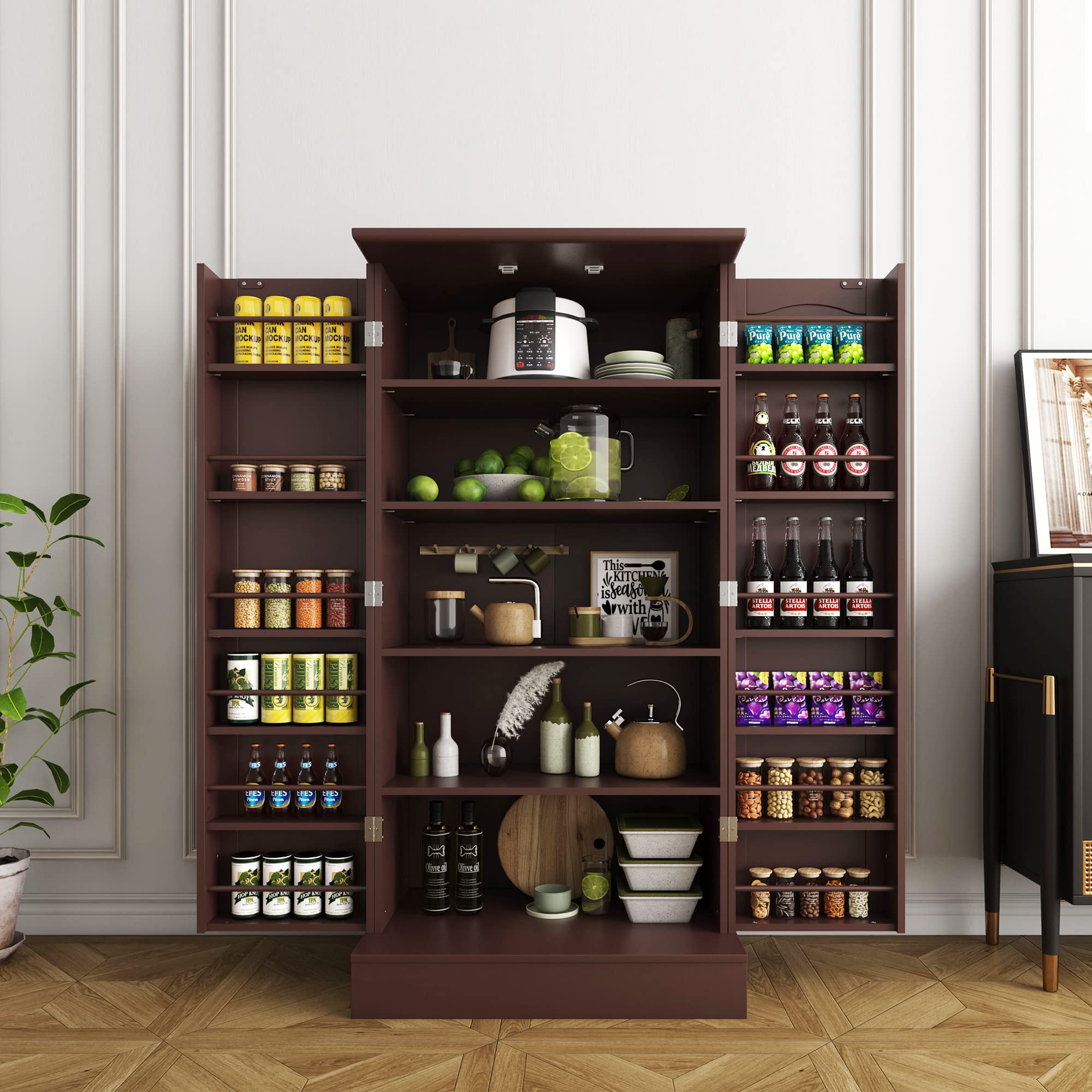 Jehiatek 47-Inch Freestanding Kitchen Pantry Cabinet with Adjustable Shelves & Doors - Coffee Brown Storage Cupboard for Kitchen, Living Room, Dining Room | Perfect for Organizing Dishes, Linens & Home Decor