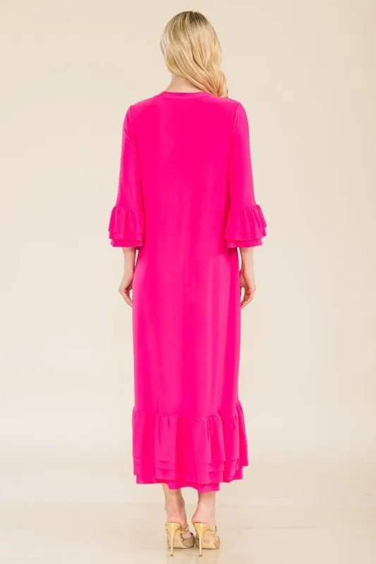 Celeste Plus Size Modest Midi Dress with 3/4 Ruffle Bell Sleeves - Flowy Church Dress for Women, Wedding Guest Outfit & Special Occasion Wear