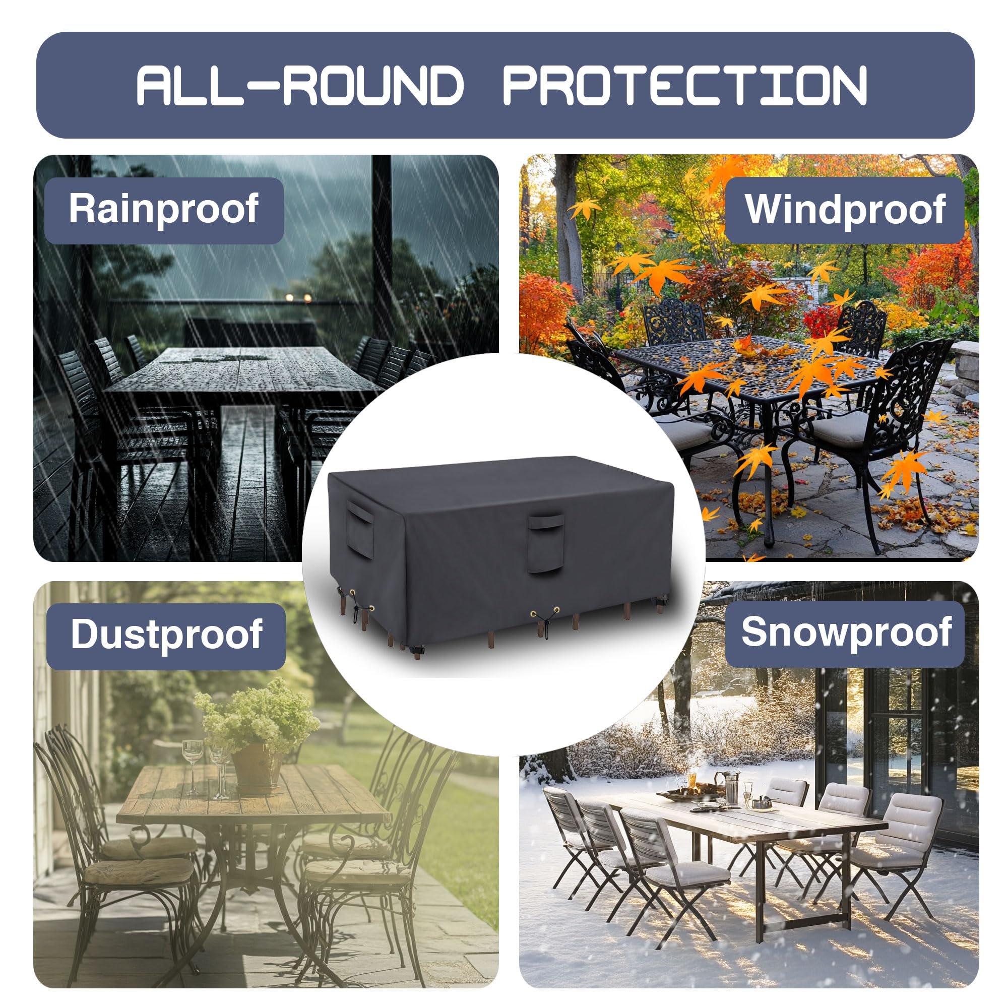Waterproof 600D Heavy Duty Round Patio Table Cover - Outdoor Dining Table and Chairs Set Protector, Grey (108 x 82 x 23in) - Perfect for Backyard, Garden, and Patio Furniture Protection