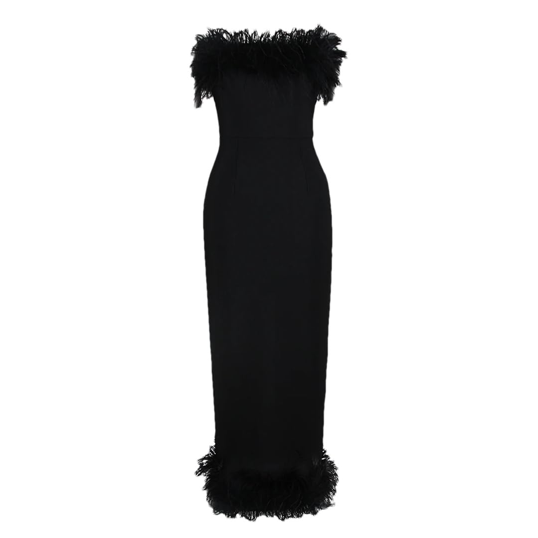 Elegant Women's Bandage Dress with Feathers - Sexy Strapless Club Party Long Dress for Evening Events, Night Out & Special Occasions
