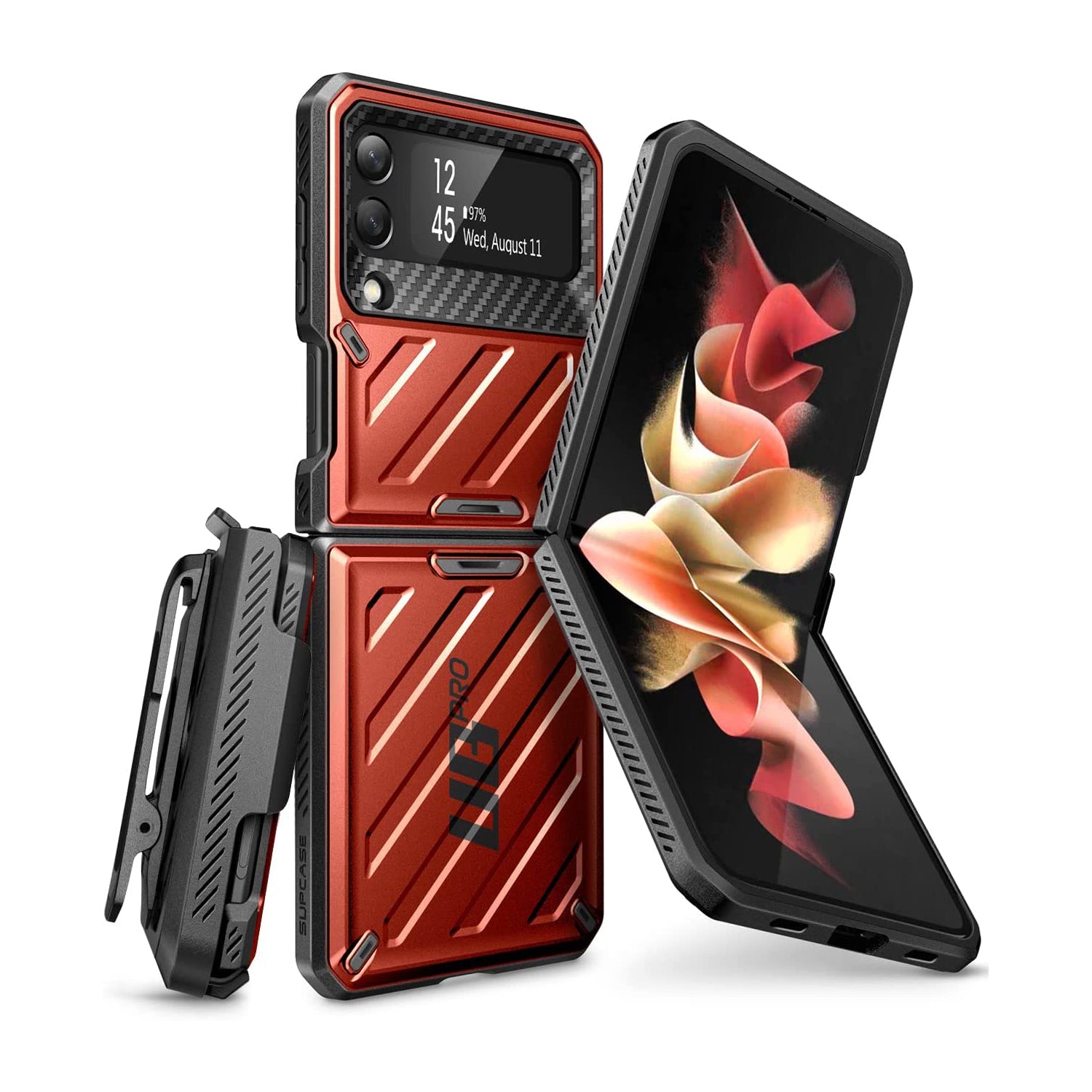 Samsung Galaxy Z Flip 3 Unicorn Beetle Pro Rugged Case with Belt Clip - Heavy Duty Shockproof Cover, Metallic Red - Perfect for Outdoor, Work & Active Lifestyle