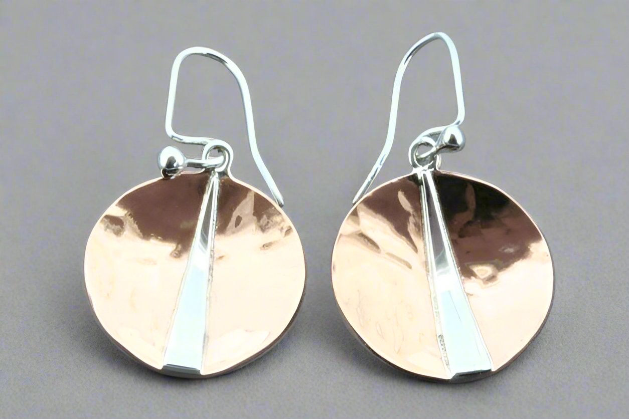 Handmade Concave Hammered Copper Circle Earrings with Silver Wedge Accent - Boho Chic Jewelry for Women, Perfect for Parties, Weddings & Everyday Wear