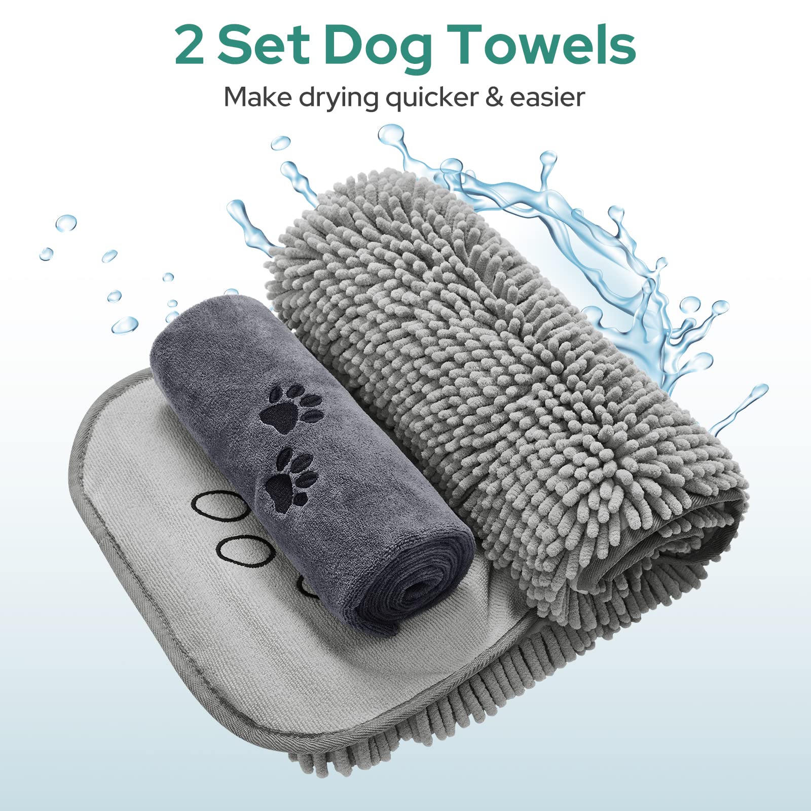 HOMEIDEAS 2 Pack Absorbent Dog Towels Set - Soft Chenille & Microfiber Pet Bath Towels with Hand Pockets for Quick Drying | Perfect for Grooming, Bath Time & After Swimming