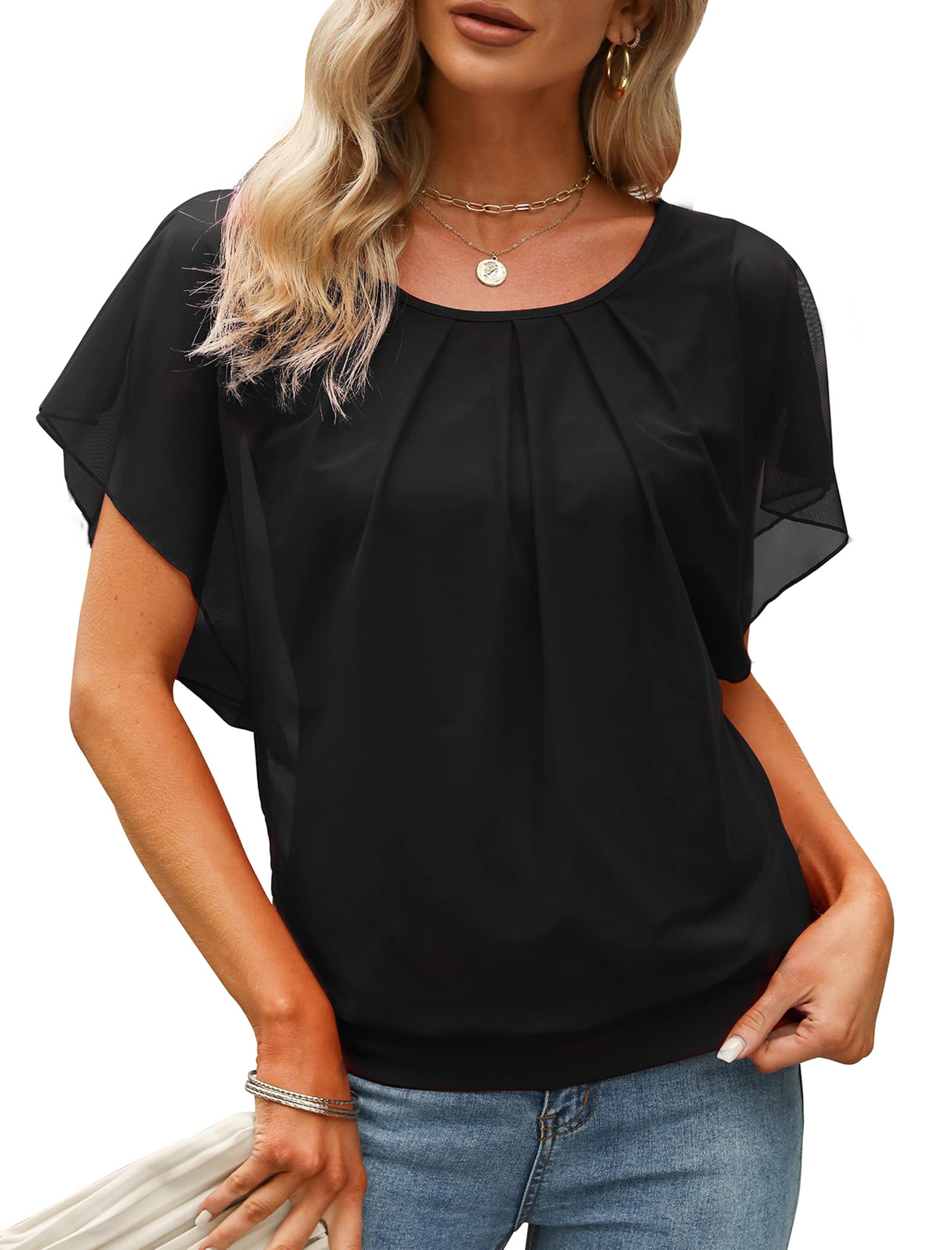 ALLTB Women's Short Sleeve Flowy Blouse - Printed Peacock Flounce Mesh Top for Summer & Spring | Casual Wear, Beach Outfits, Office Chic & Date Night Fashion