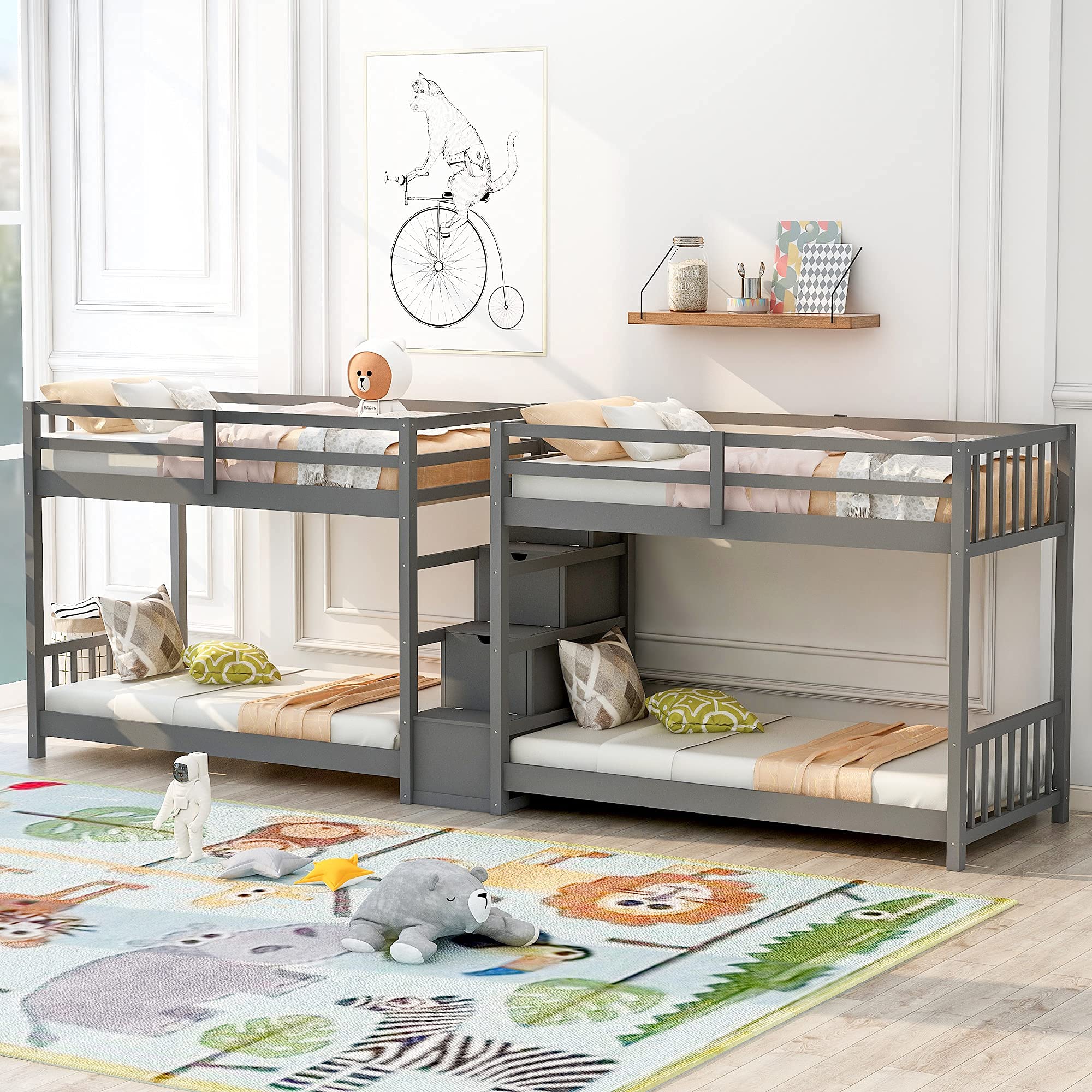 JSKJ Twin Over Twin Bunk Bed with Storage Staircase for 4 Kids - Space Saving Kids' Bedroom Solution