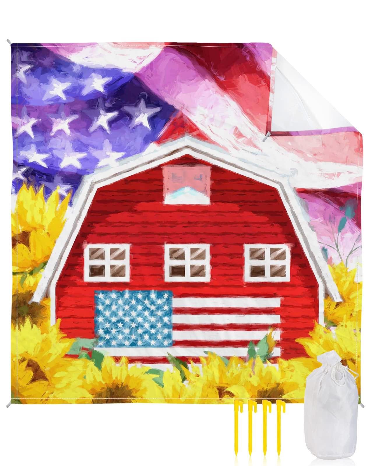 Sunflower Barn American Flag Beach Blanket - 108