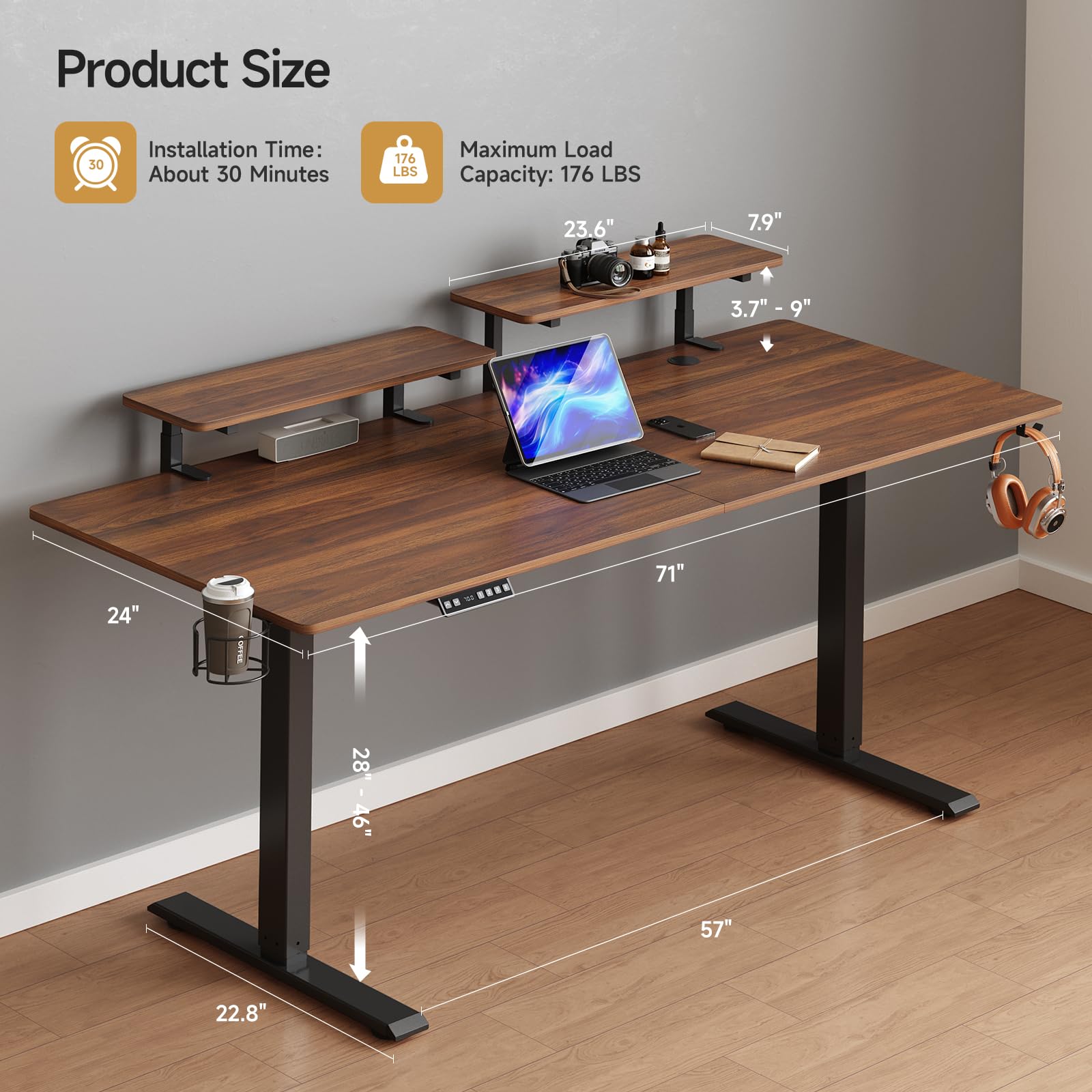 Electric Standing Desk 71 x 24 Inches - Adjustable Height (28-46