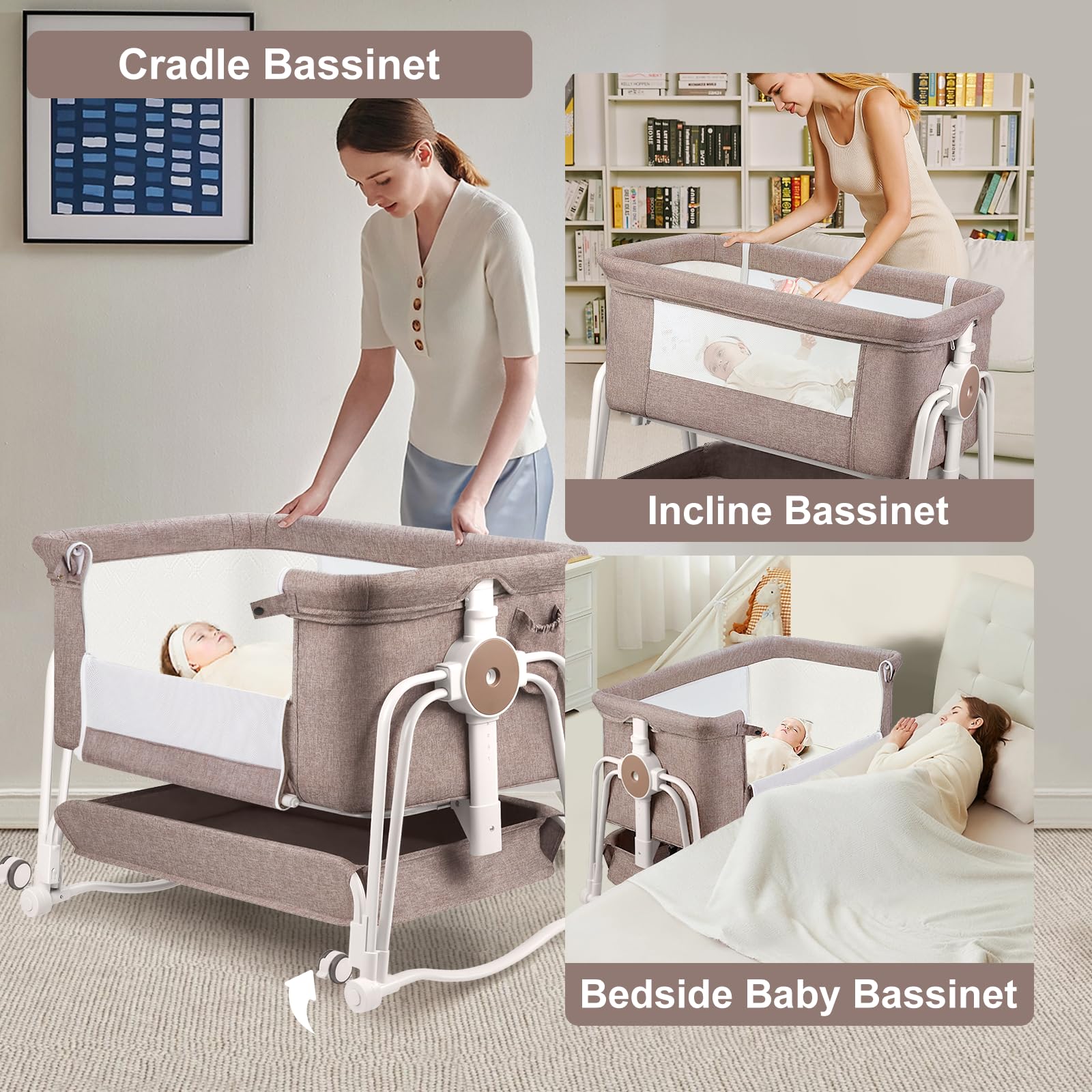 4-in-1 Adjustable Baby Bassinet with Lockable Wheels, Storage & Mosquito Net - 7-Level Height Adjustment for Newborns (Khaki) | Perfect for Bedside Sleeping, Nursery & Travel