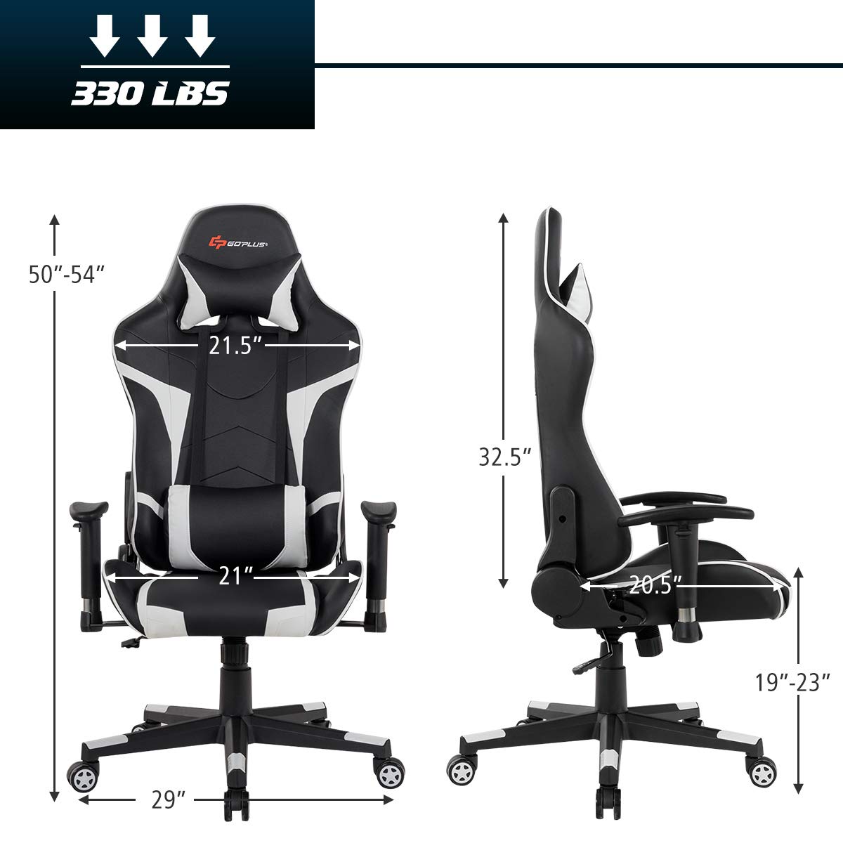 POWERSTONE Ergonomic Gaming Chair - Adjustable Racing Office Chair with Lumbar Support & Massage, PU Leather High-Back Recliner, Swivel Rolling Computer Desk Chair for Home & Office (White) - Perfect for Gamers, Streamers & Remote Workers