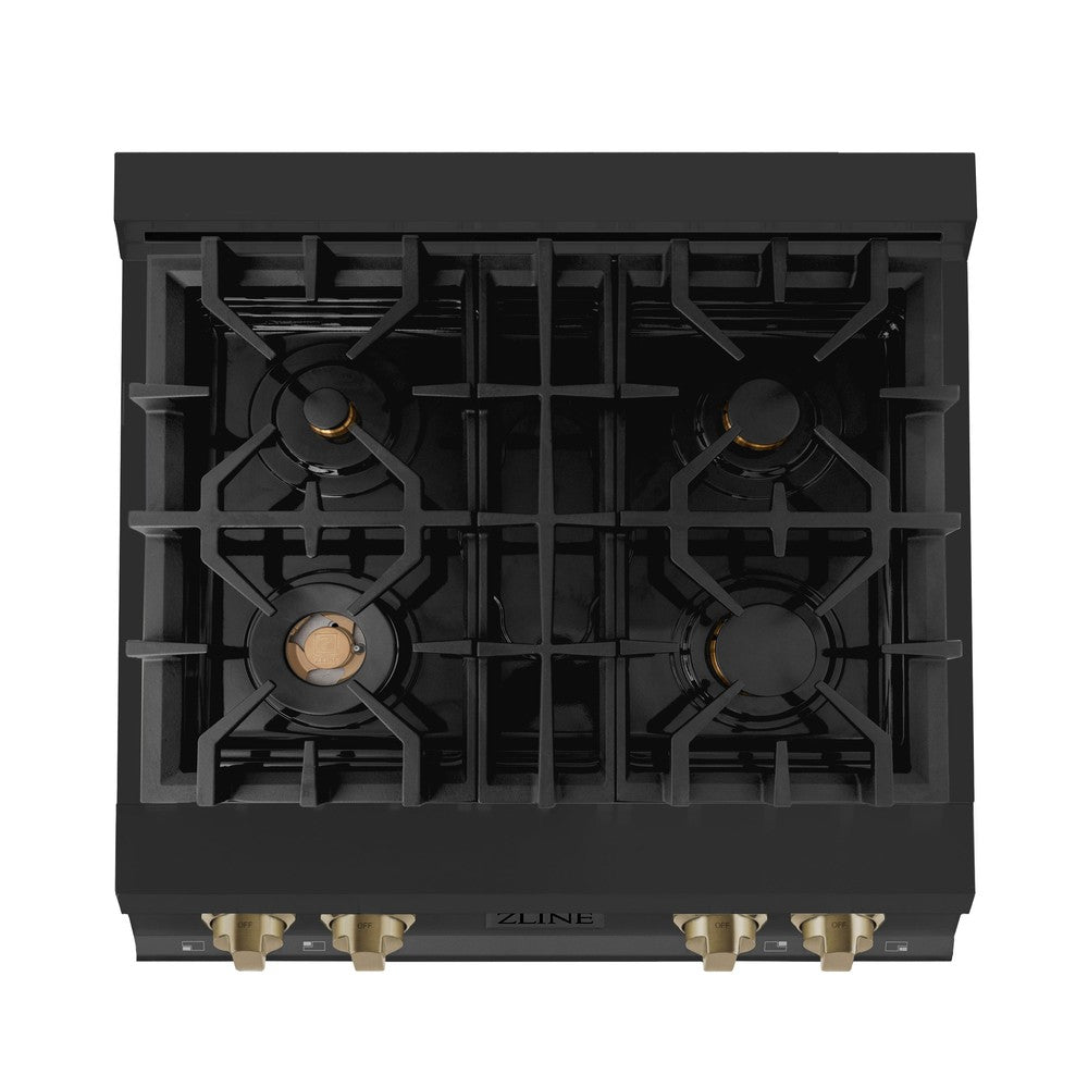 ZLINE Autograph Edition 30 Inch Gas Rangetop - 4 Burner Black Stainless Steel Cooktop with Champagne Bronze Accents | Professional Kitchen Stove for Home Chefs & Cooking Enthusiasts