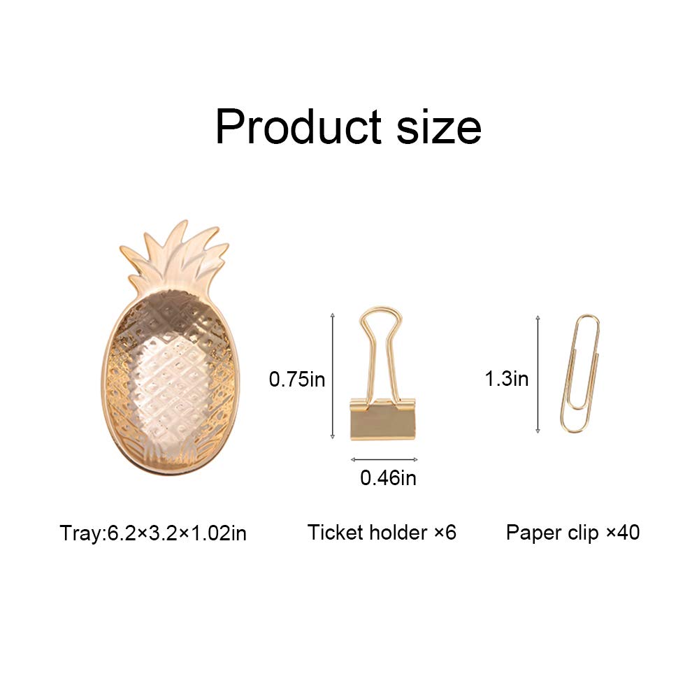 MultiBey Gold Paper Clips & Binder Clips Set with Ceramic Pineapple Tray - Cute Office Desk Organizer, Jewelry Holder, Home Decor Accessory for School, Office & Gift Giving