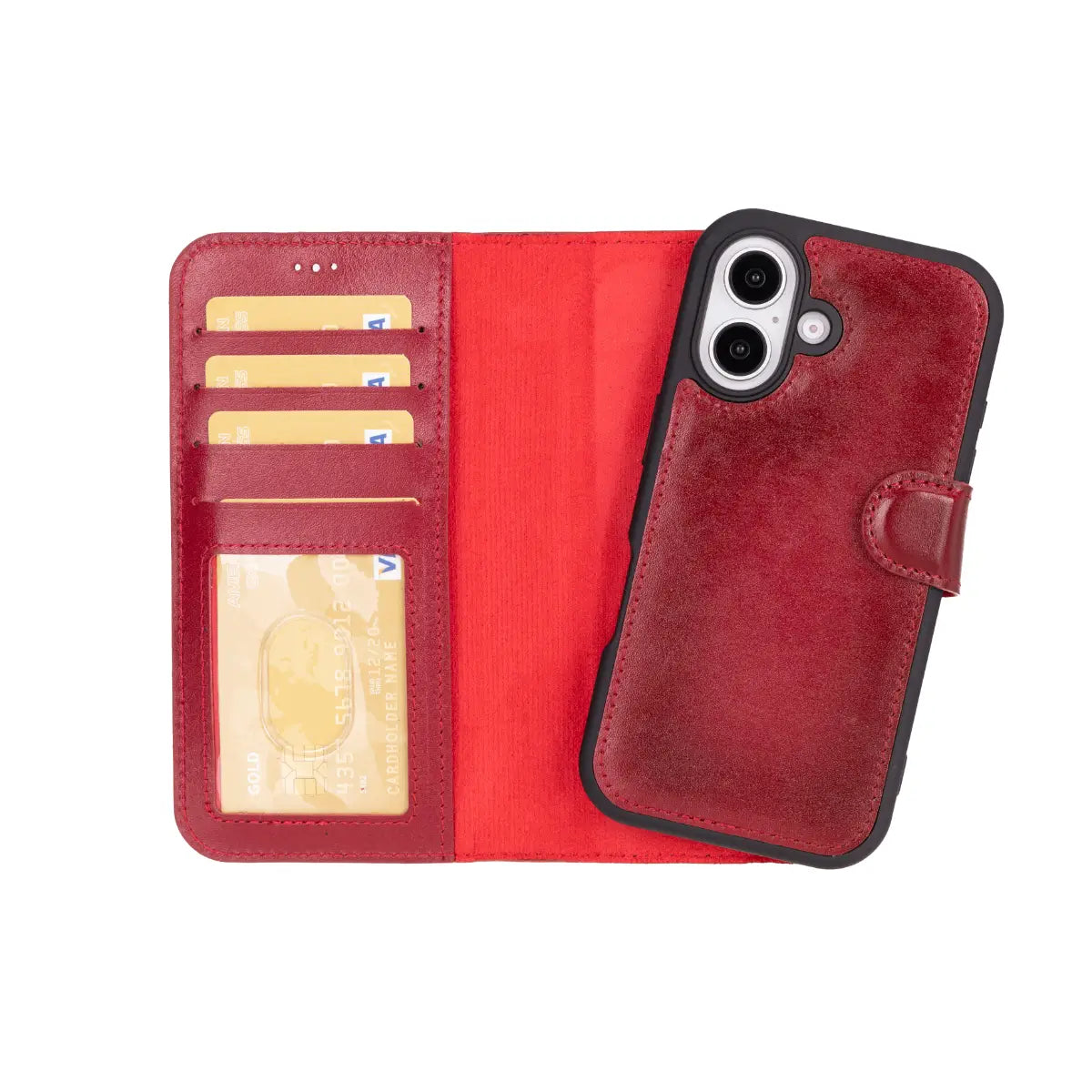 Premium Burnished Red Leather Wallet Case for iPhone 16 (2024 Model) - Slim Protective Cover with Card Slots | Perfect for Everyday Use, Travel & Business