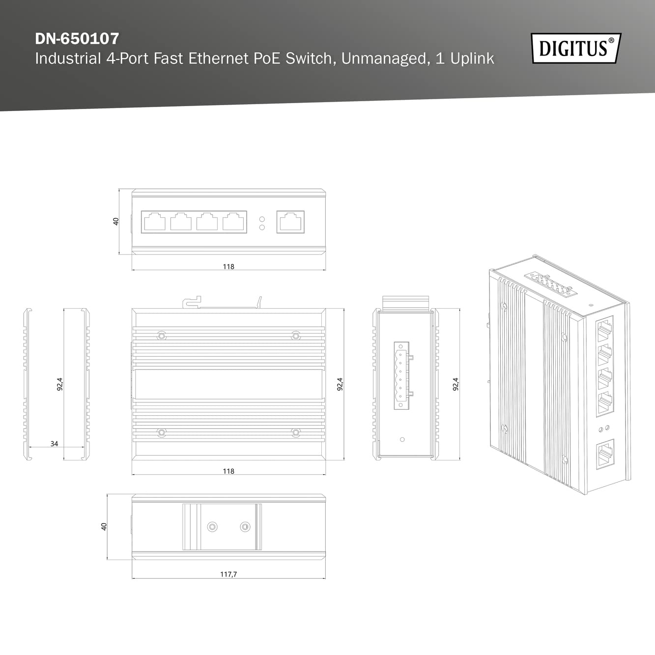 DIGITUS 5-Port Fast Ethernet PoE Network Switch with DIN Rail Mounting & Terminal Strip - Fanless Design for Industrial Use (Black/Blue) - Perfect for Office Networks, Security Systems & Smart Home Installations