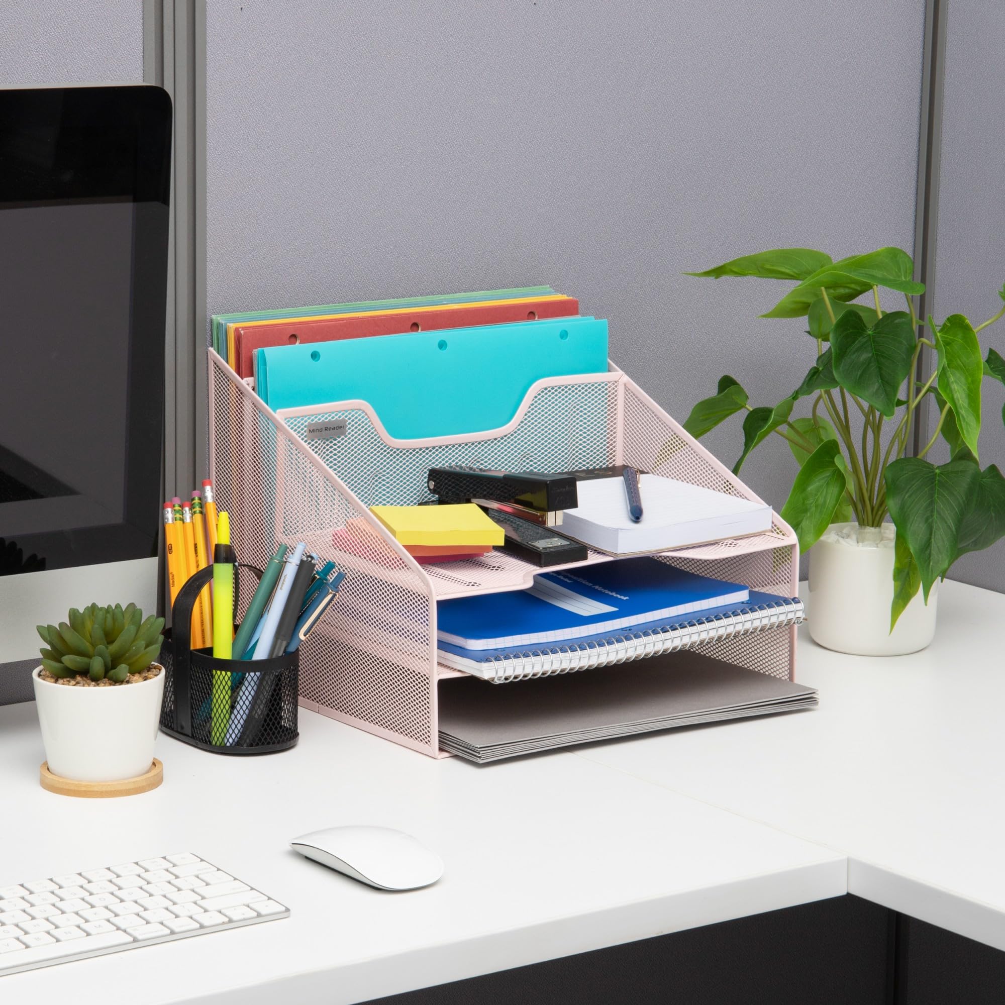 Mind Reader Metal Mesh Desktop Organizer - Vertical File Holder & Paper Trays for Office (12.5