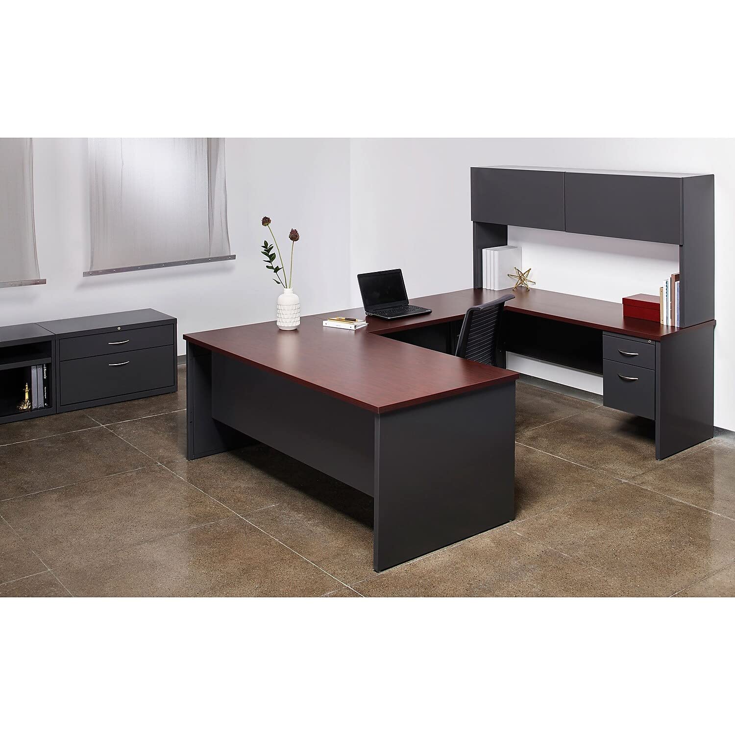 Lorell Mahogany Laminate/Charcoal Modular Desk Series - 48