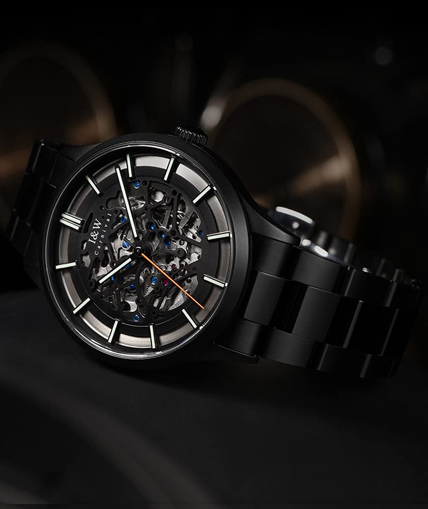 LOREO Men's Automatic Watch - Luminous Skeleton Dial, Black Stainless Steel, Synthetic Sapphire, Waterproof Military Casual Sports Watch for Everyday Wear & Outdoor Activities