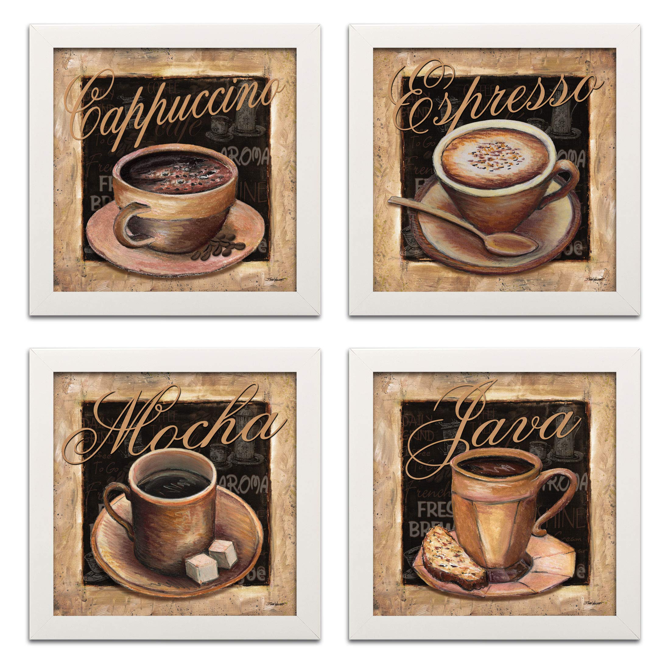 Vintage Coffee Art Prints - Set of 4 (12x12 Inch) White Framed Wall Decor for Mocha, Cappuccino, Espresso & Java Lovers - Perfect for Kitchen, Cafe, or Office Decoration - Ready to Hang!