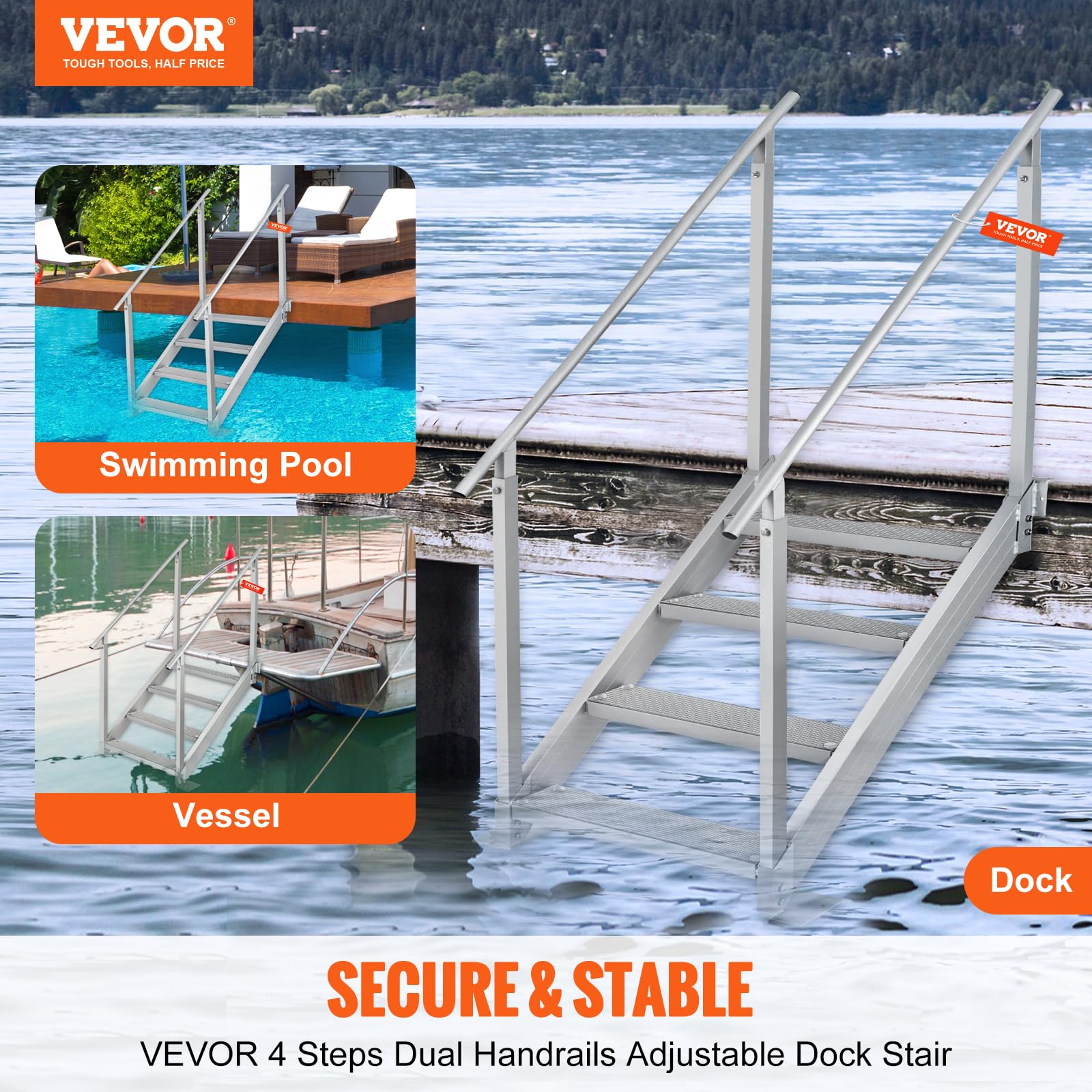 VEVOR 4-Step Aluminum Dock Ladder with Handrails - 500lb Capacity Adjustable Boat Steps for Pool, Lake & Marine Use - Wide Non-Slip Pedals for Pontoon, RV & Home Boarding - Perfect for Swimming, Fishing & Water Sports Access