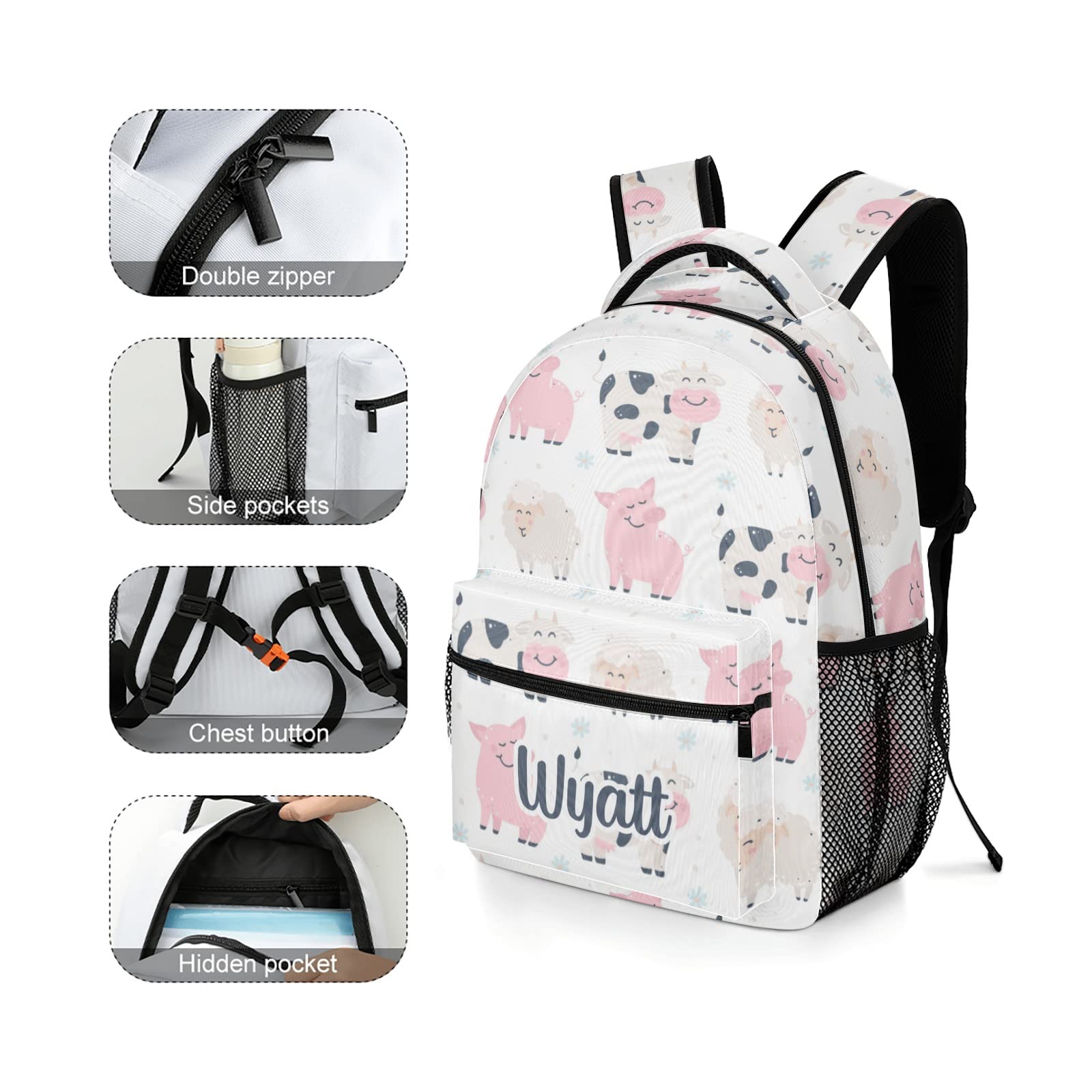Personalized Kids Backpack for School & Travel - Pig Cow Sheep Design