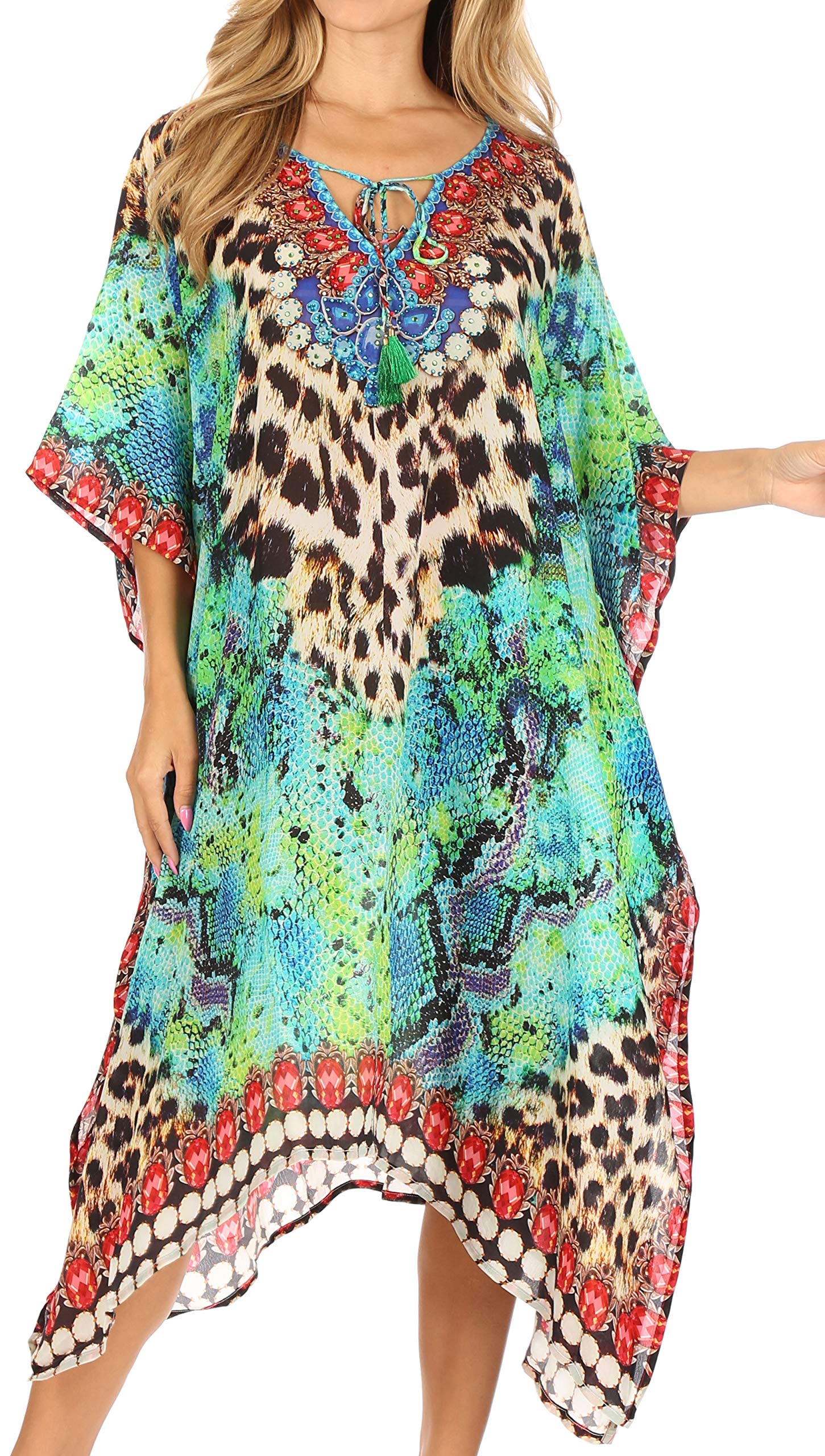 Sakkas Jenni Women's Boho Caftan Dress - Flowy Mid-Length Kaftan with Rhinestone Details for Beach Cover Up, Summer Vacation & Boho Fashion