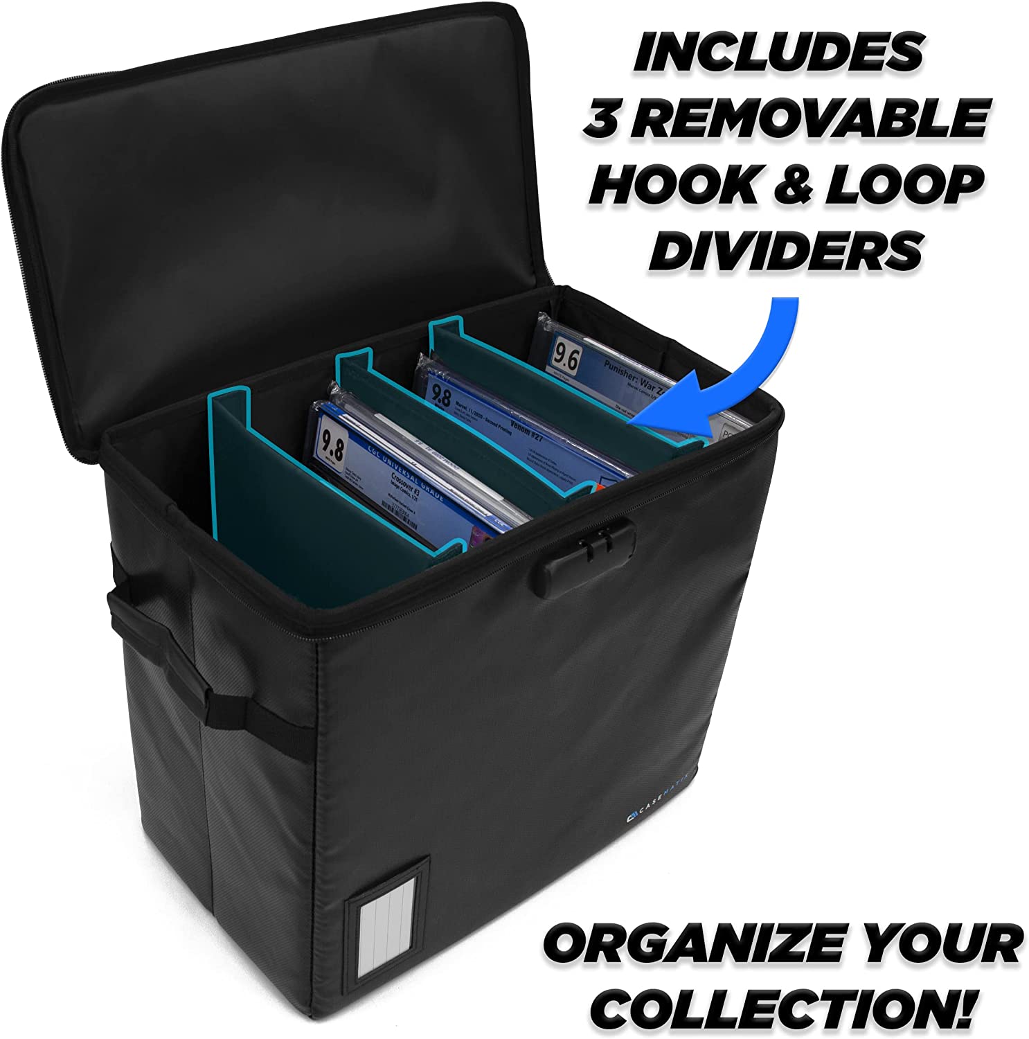 CASEMATIX Fireproof Comic Book Storage Box - Holds 30+ CGC Graded Comics with 3 Padded Dividers & Lock - Secure Display & Protection for Collectible Comics at Home or Comic Conventions
