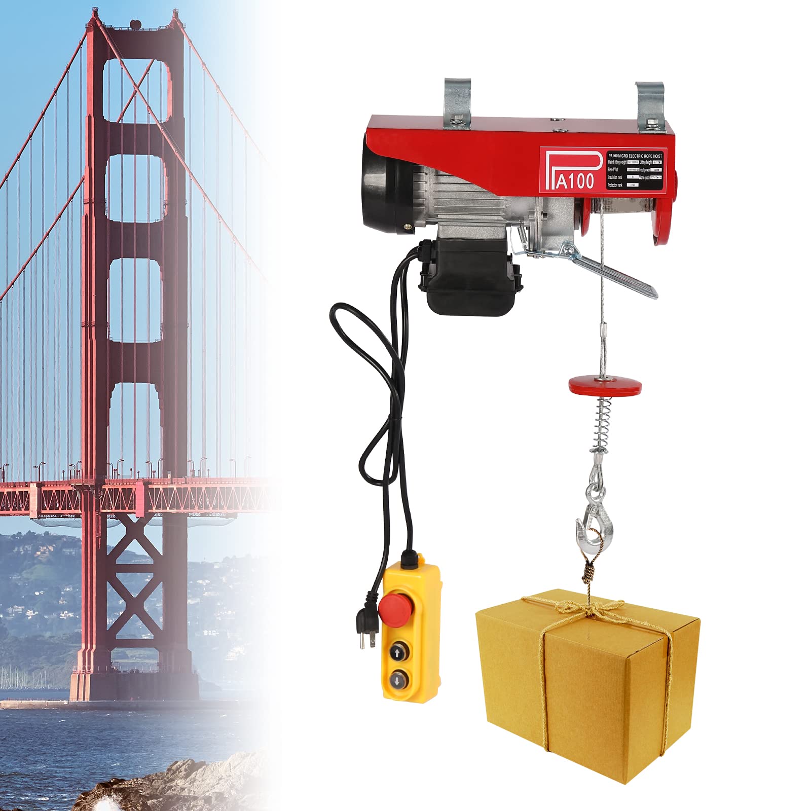110V Electric Hoist Winch - 220lbs Lifting Capacity, 480W Power with Remote Control - Single/Double Hook for Factory, Warehouse, Mining - Perfect for Heavy Equipment Lifting, Construction Work & Industrial Applications