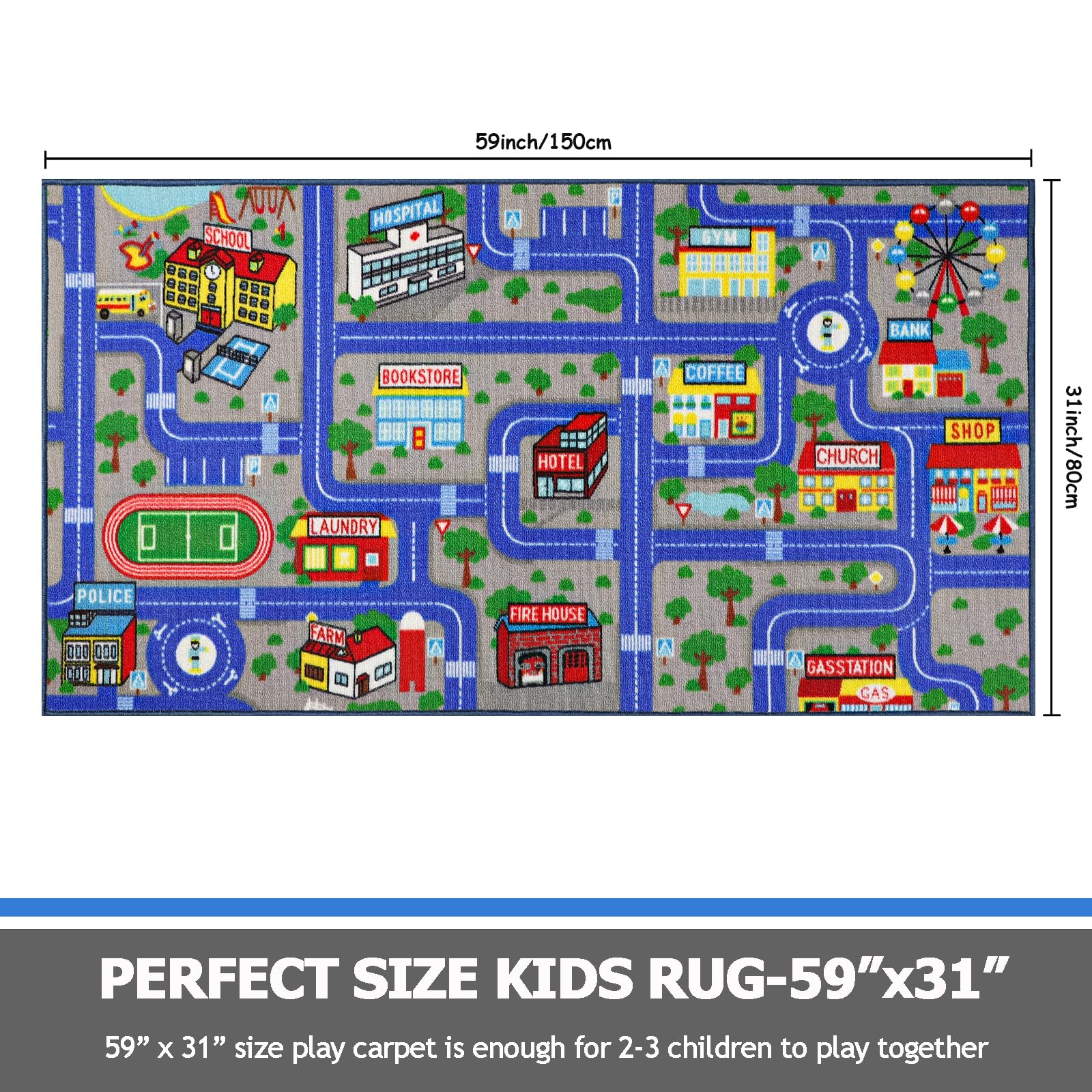 Non-Slip Washable Blue City Map Road Playmat for Kids - 5'x2.7' Carpet Rug for Toddler Playroom, Nursery & Bedroom Decor - Perfect for Pretend Play, Learning Traffic Rules & Safe Floor Activities