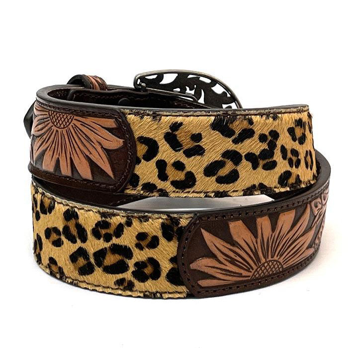Angel Ranch Women's Leopard & Sunflower Tooled Western Belt - Stylish Accessory for Jeans, Dresses & Boho Outfits
