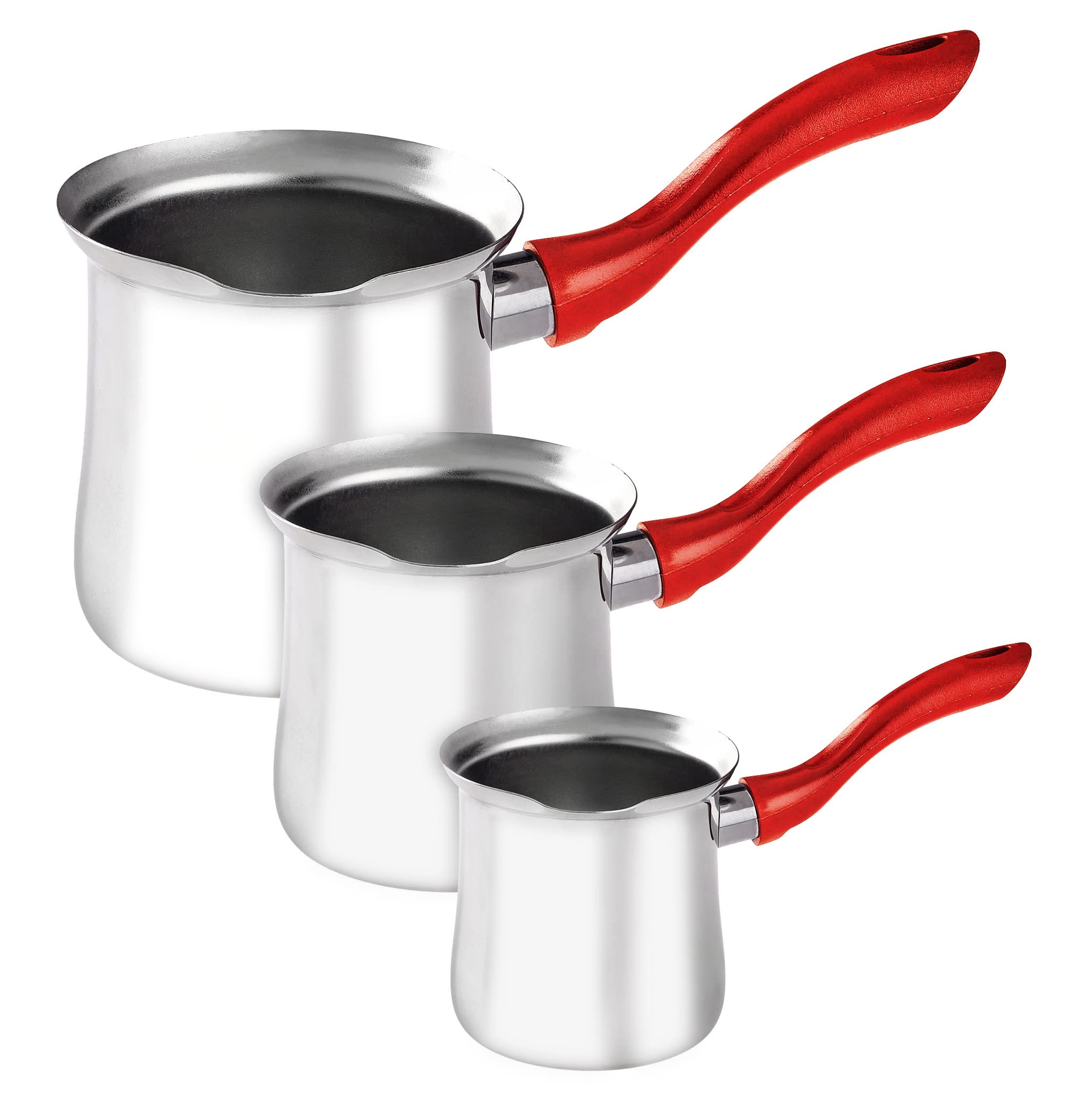 Premium Turkish Coffee Pot Set of 3 - Stainless Steel Ibrik Cezve Briki for Arabic & Greek Coffee - Chocolate Milk Warmer with Spout - Stovetop & Camping Use - Perfect for Home, Office & Outdoor Adventures (Red)