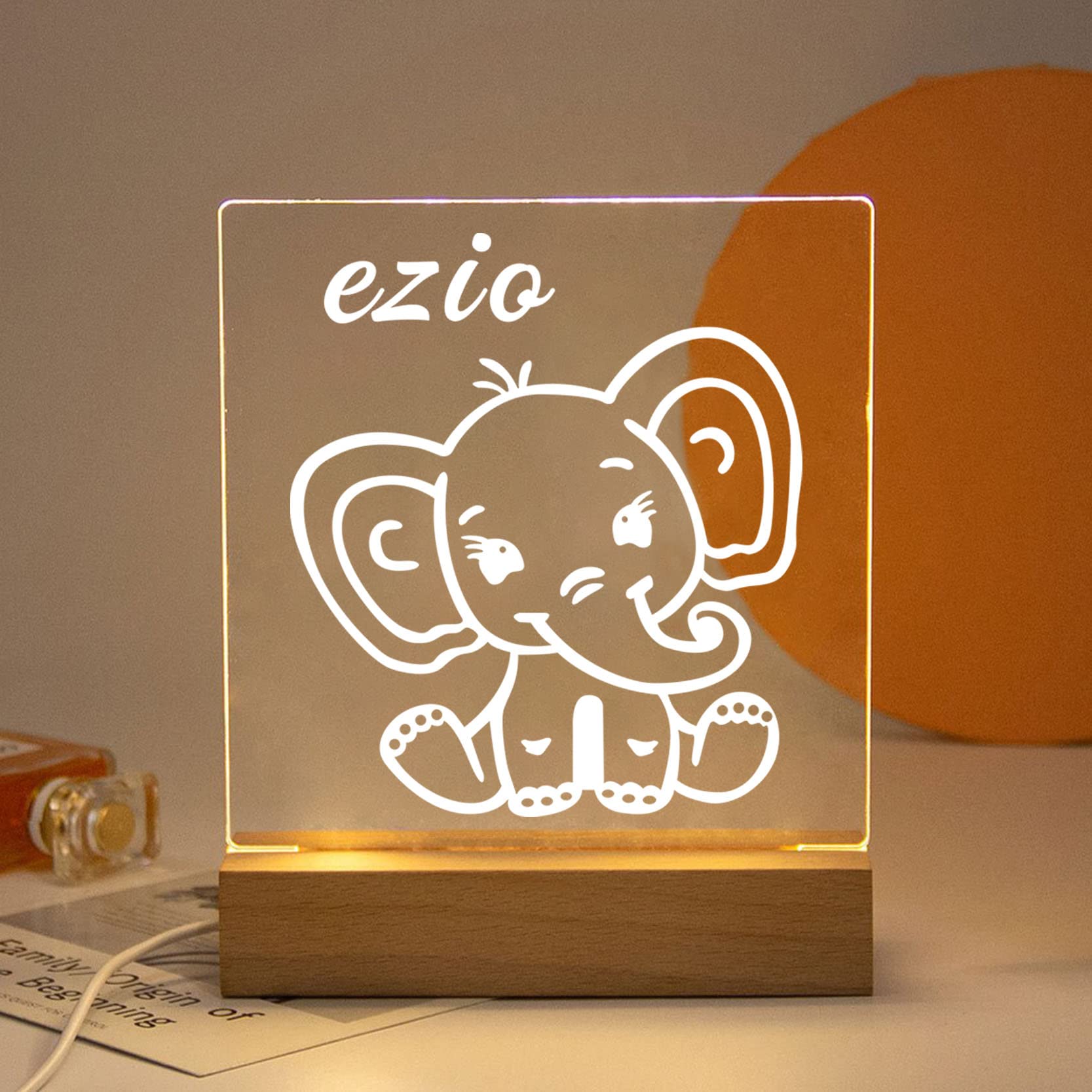 Personalized Elephant Night Light for Kids - LED Nursery Lamp for Baby Boy & Girl Bedroom Decor - Perfect for Bedtime, Nursery, and Kids' Room Lighting