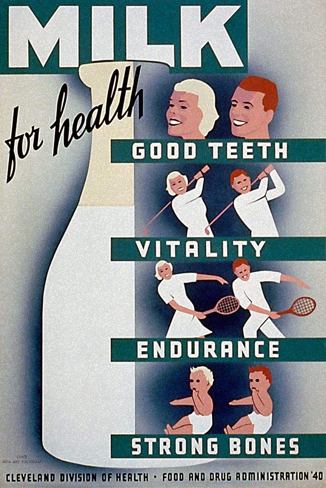 WPA Vintage Milk Poster - 12x18 Art Print for Health, Strong Bones & Vitality | Perfect for Kitchen, Cafe & Retro Home Decor