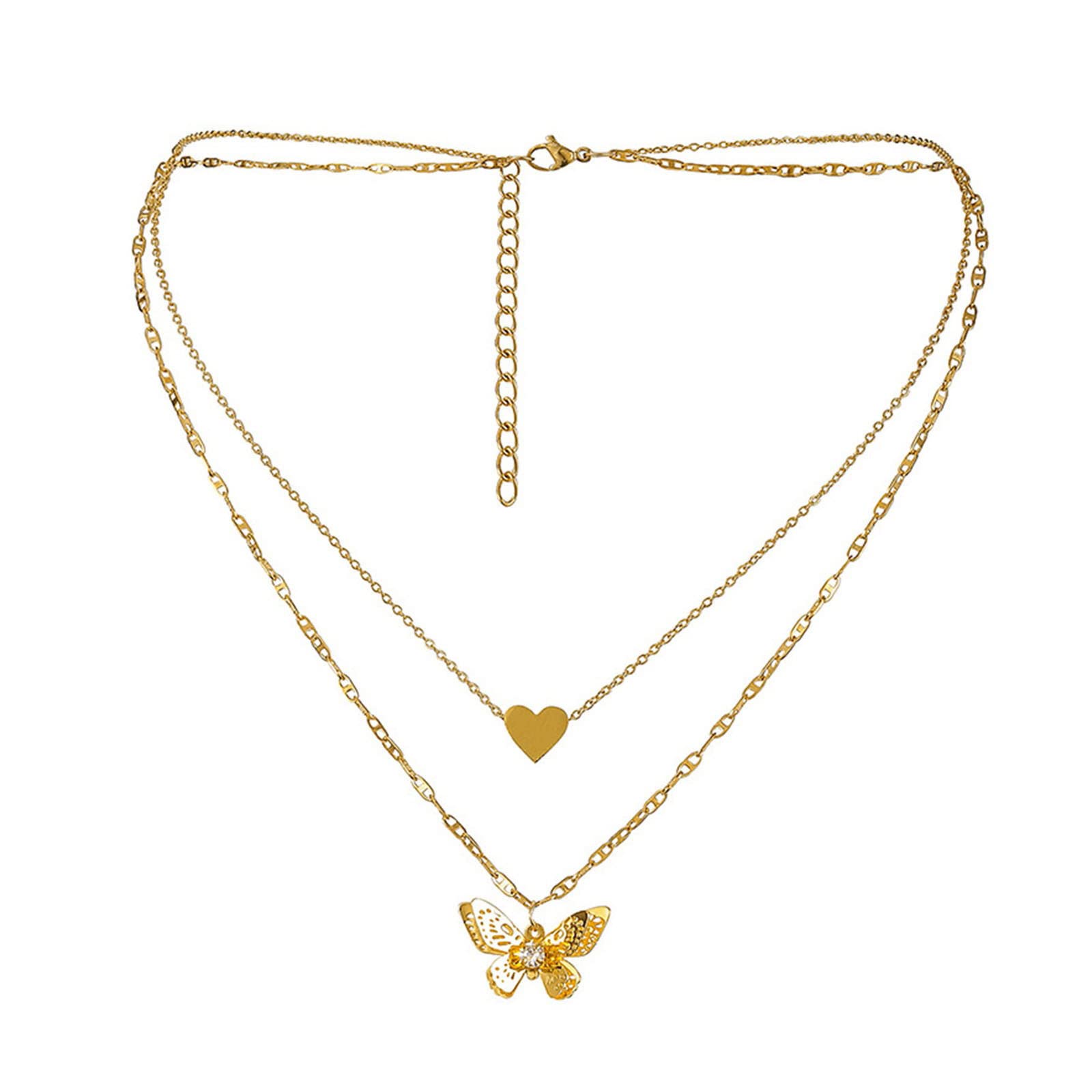 Butterfly Heart Double Layer Necklace for Women - Sun and Moon Pendant Jewelry Gift for Mom, Wife, Girlfriend | Birthday, Anniversary, Valentine's Day Present | Elegant Layered Necklace for Everyday Wear & Special Occasions