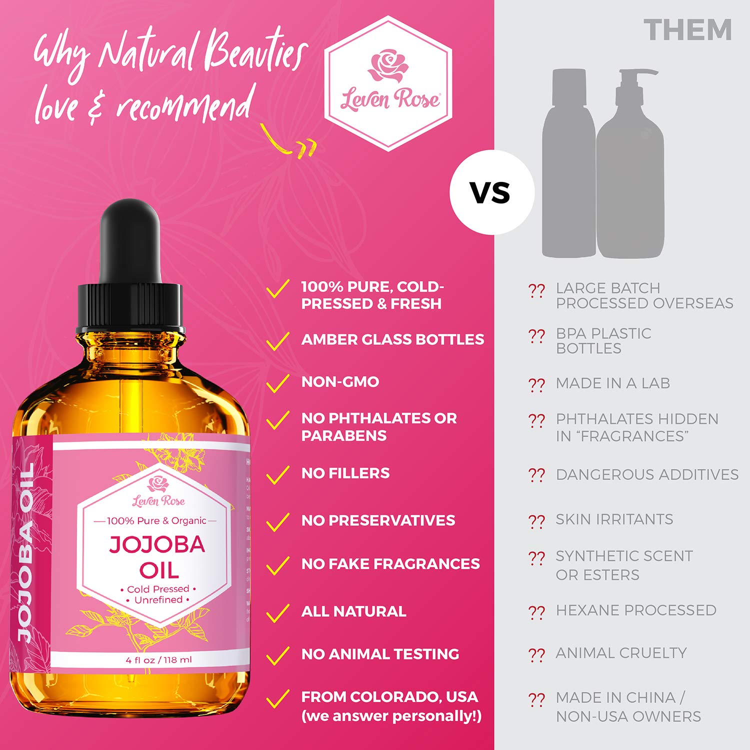 Leven Rose Jojoba Oil & Pure Moroccan Rosewater 4oz Bundle - Natural Facial Toner, Moisturizer for Skin, Hair, Body & Nails | Hydrating Skincare Set for Dry Skin, Anti-Aging & Daily Beauty Routine