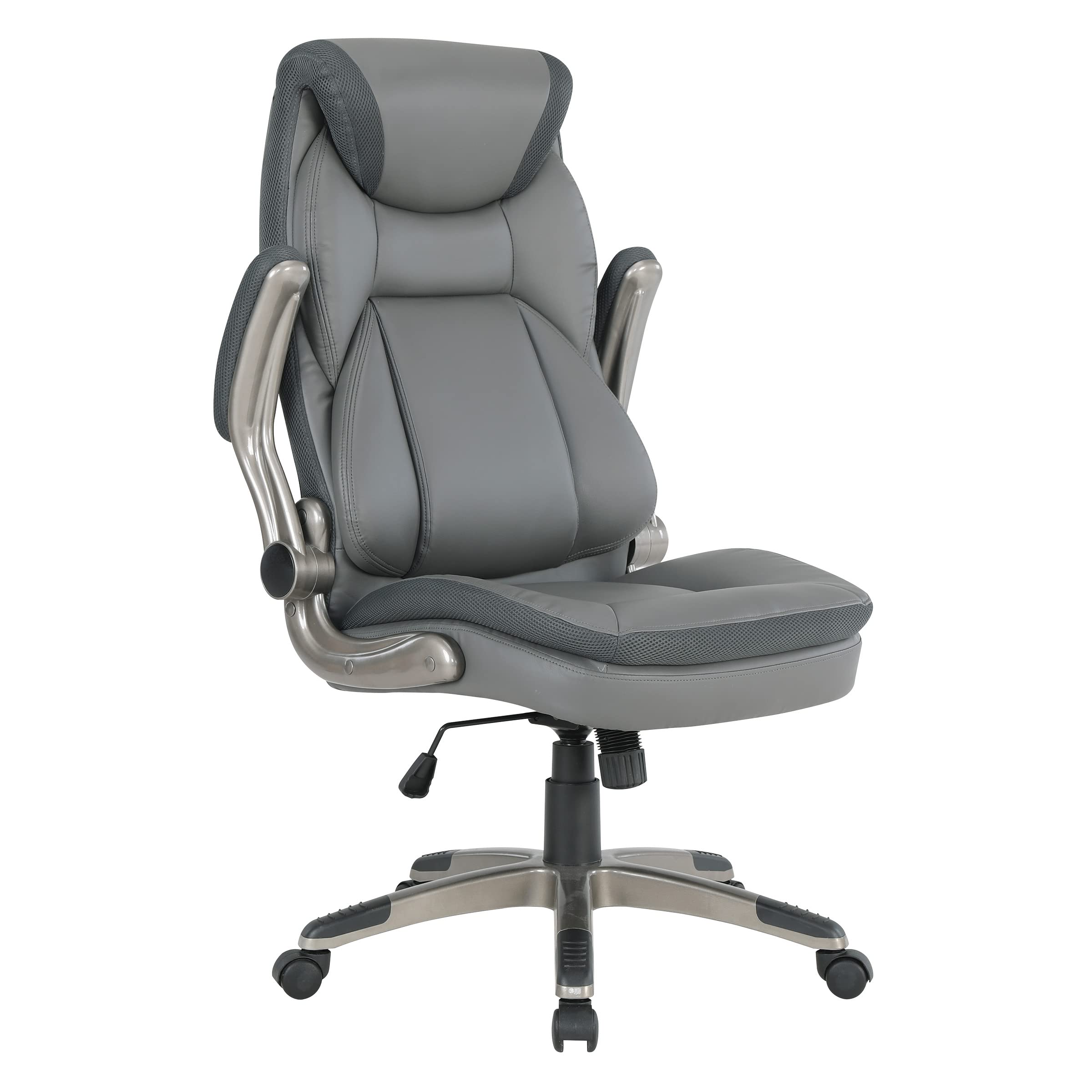 Office Star ECH Series Executive Bonded Leather Office Chair with Lumbar Support & Adjustable Arms - Charcoal with Titanium Base - Ergonomic Desk Chair for Home Office & Workspace