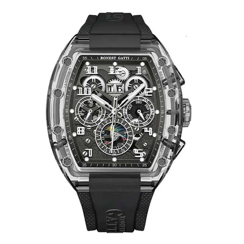 BONEST GATTI Men's Automatic Mechanical Watch - 45mm Tonneau Crystal Case with Luminous Hands, Date Month Week Display, Fluororubber Band - Perfect for Business, Casual Wear & Special Occasions