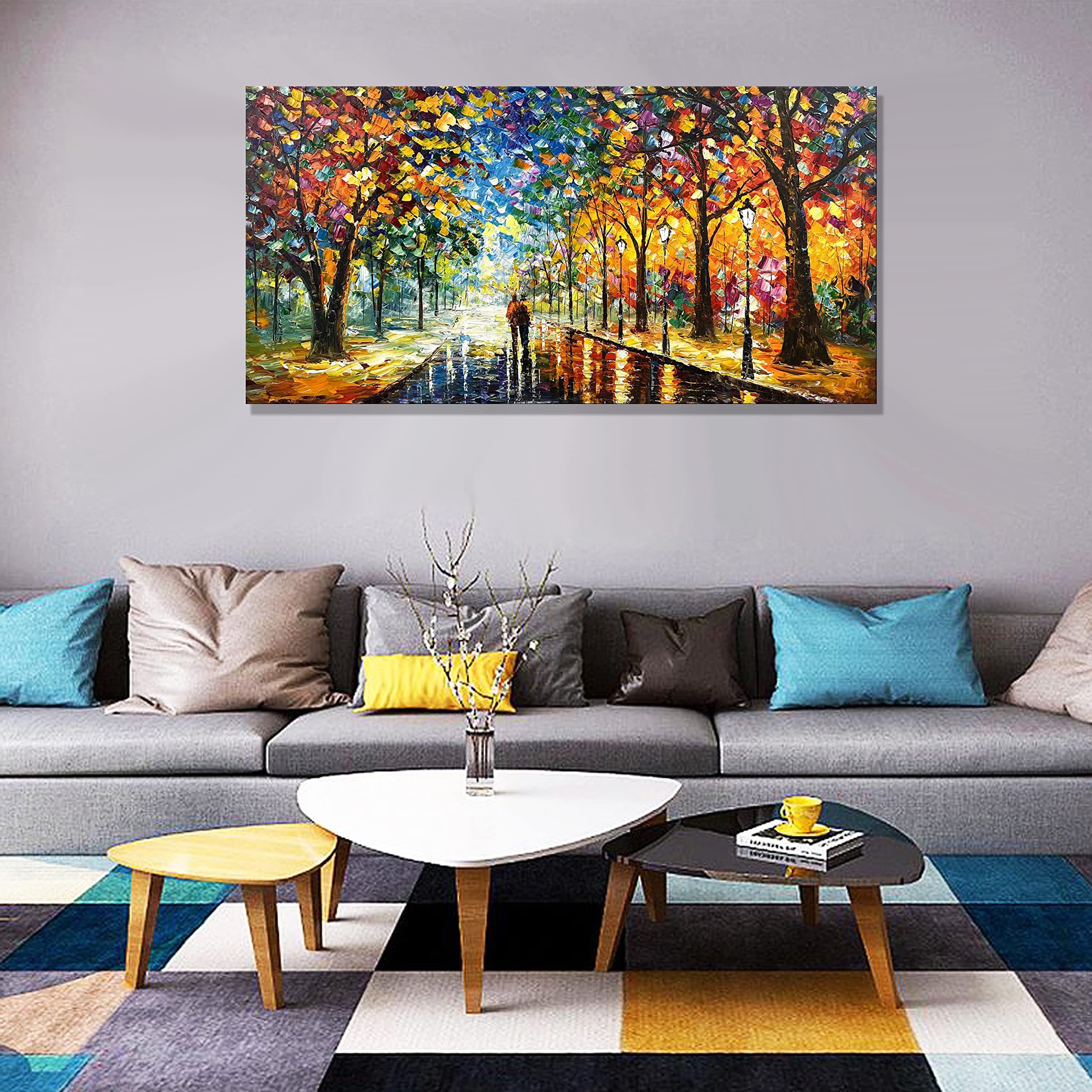 Hand-Painted Modern Park Landscape Oil Painting on Canvas - Contemporary Abstract Wall Art Decor 24x48 Inch - Perfect for Living Room, Bedroom & Office Decorations