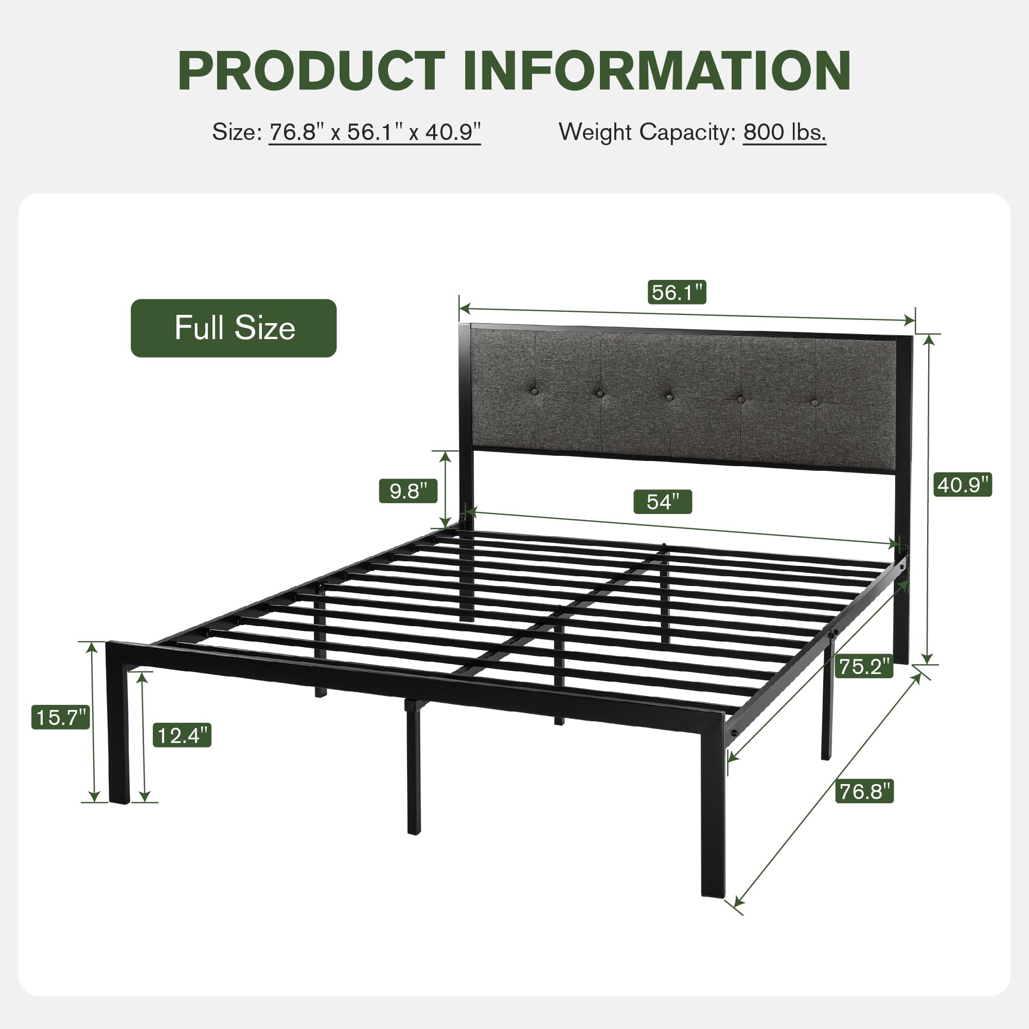 Heavy Duty Full Size Platform Bed Frame with Upholstered Button Tufted Headboard - 17 Reinforced Metal Slats, 11