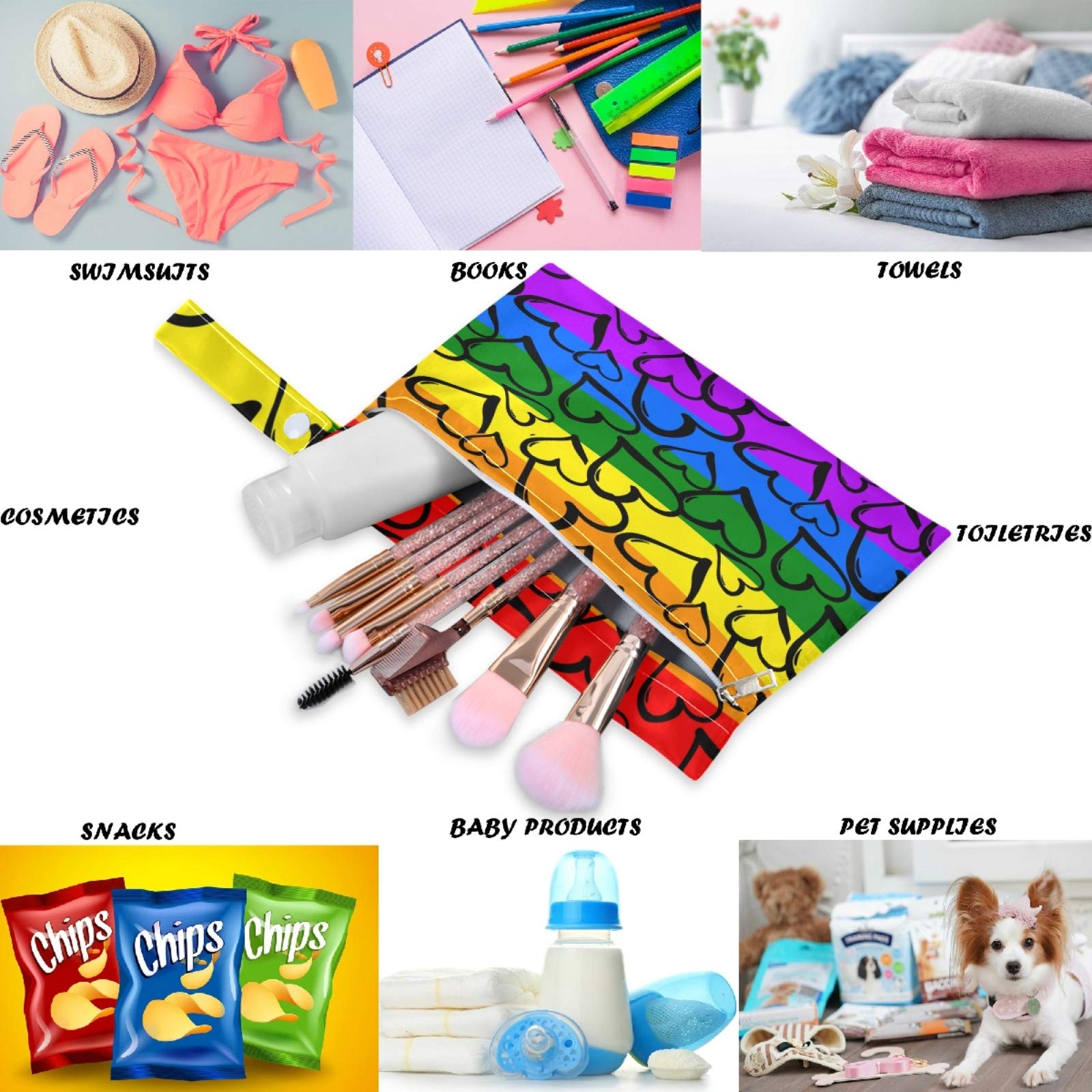 Visesunny Valentine's Day Heart Rainbow Stripe 2-Piece Wet Bag Set - Waterproof Zippered Pockets, Washable & Reusable for Travel, Beach, Pool, Daycare, Stroller | Perfect for Diapers, Gym Clothes, Swimsuits & Toiletries Organization