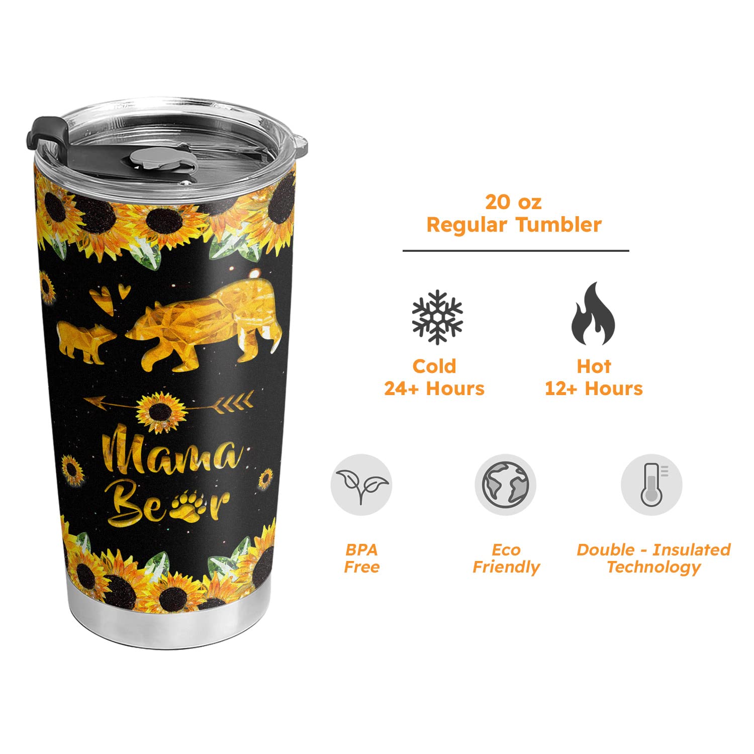 20oz Mama Bear Insulated Tumbler Cup - Unique Birthday Gift for Women, Wife, Mom, Daughter - Valentine's Day Gift for Her - Inspirational Travel Coffee Mug with Lid - Perfect for Office, Home & Outdoor Adventures