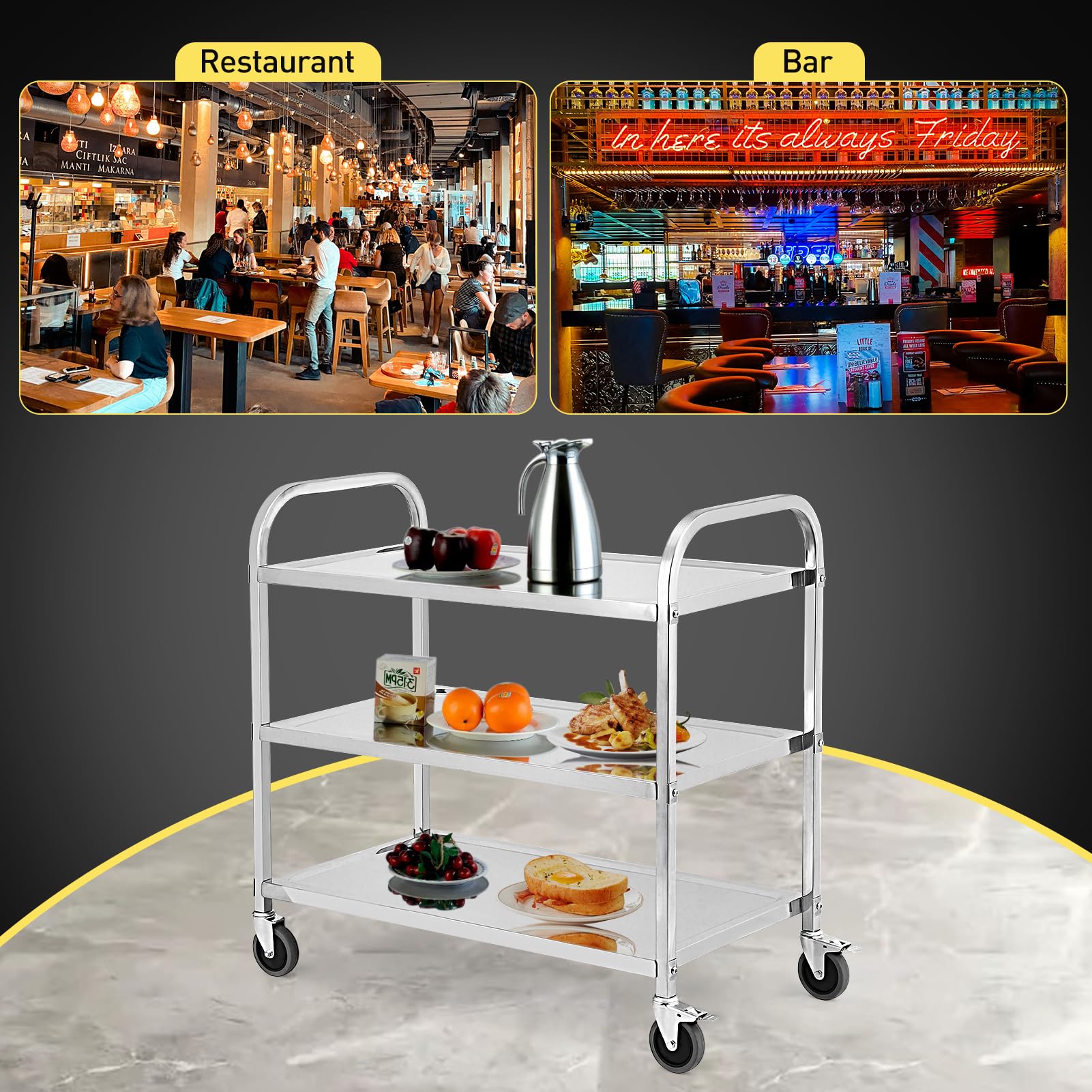 GARVEE 3-Tier Heavy Duty Stainless Steel Rolling Utility Cart with Handle & Locking Wheels - 265Lbs Capacity for Kitchen, Restaurant, Hospital, Lab, Home - Perfect for Food Service, Medical Supplies Storage & Mobile Workstation