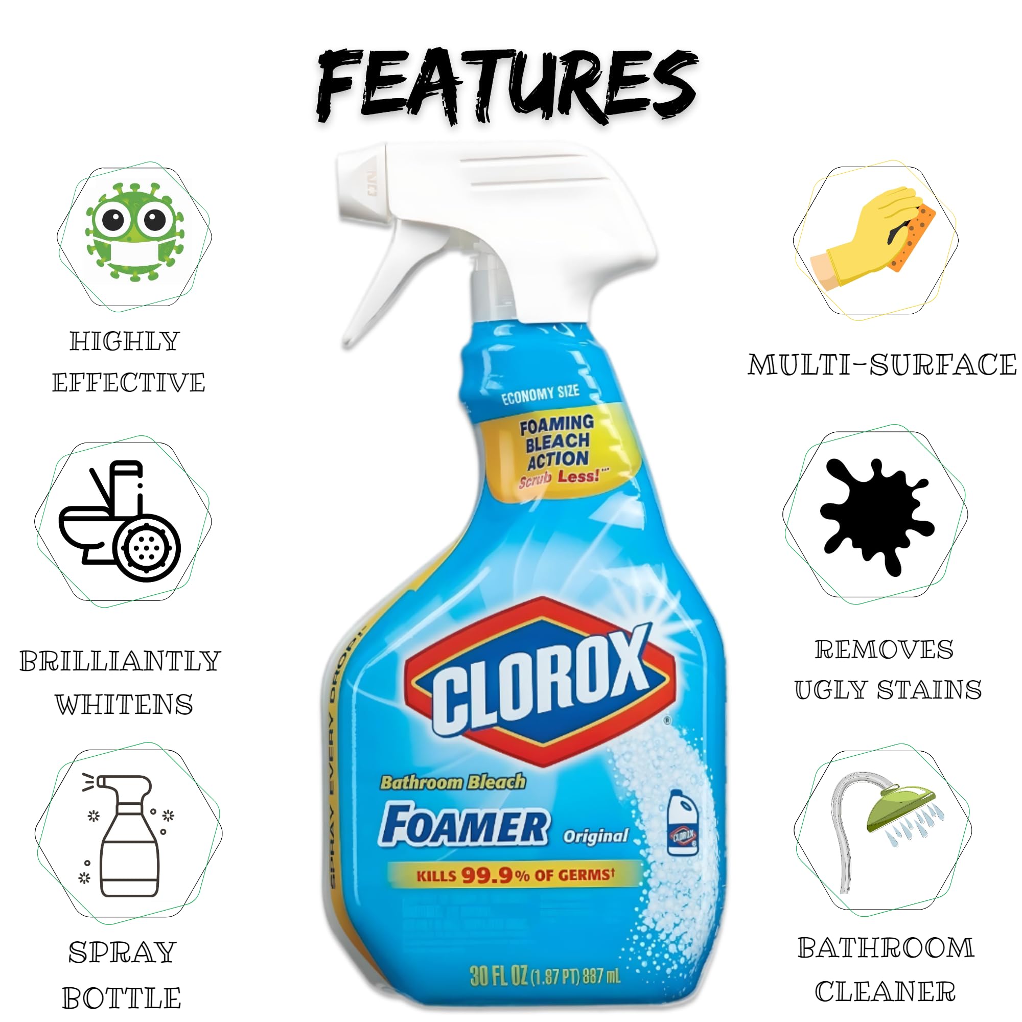 Microfiber Towel & Scrub Sponge Bundle with Clorox Foaming Bathroom Cleaner 30oz (2 Pack) - All Purpose Household Cleaner for Kitchen, Bathroom, Tile, Countertops | Perfect for Deep Cleaning, Disinfecting Surfaces & Quick Spill Cleanups