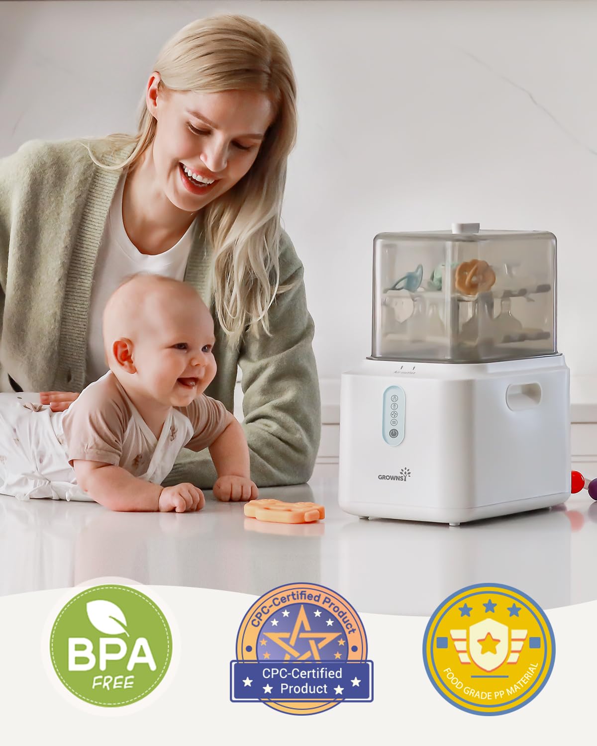 Grownsy 3-Layer Baby Bottle Sterilizer and Dryer - Fast UV Sterilization & Drying for Baby Bottles, Breast Pump Parts, Pacifiers & Toys - Perfect for Nursery, Travel & Daily Baby Care