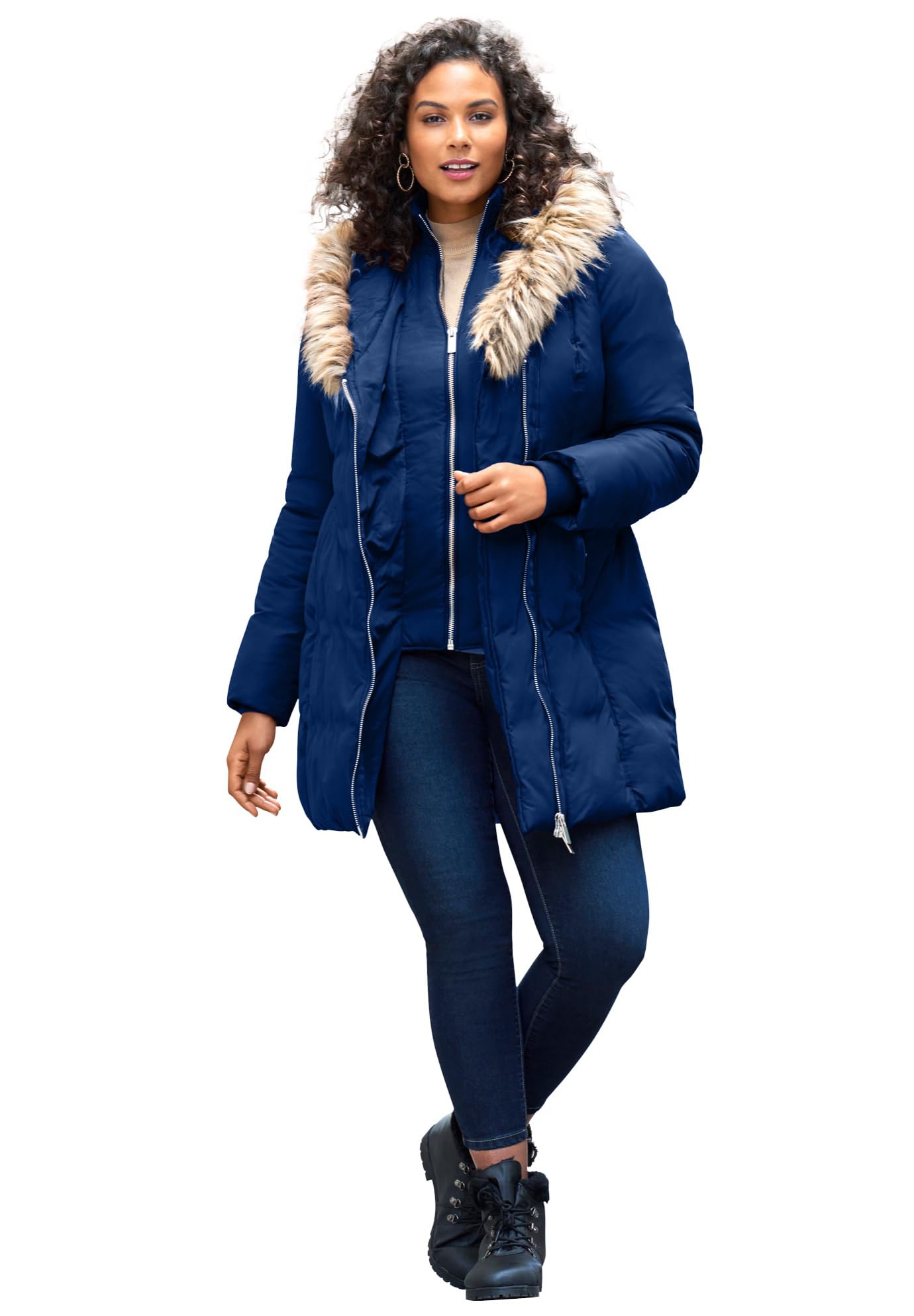 Roaman's Women's Plus Size Double Layer Puffer Coat - Warm Winter Jacket for Cold Weather, Water-Resistant & Windproof, Fashionable Outerwear for Casual Outings and Outdoor Activities