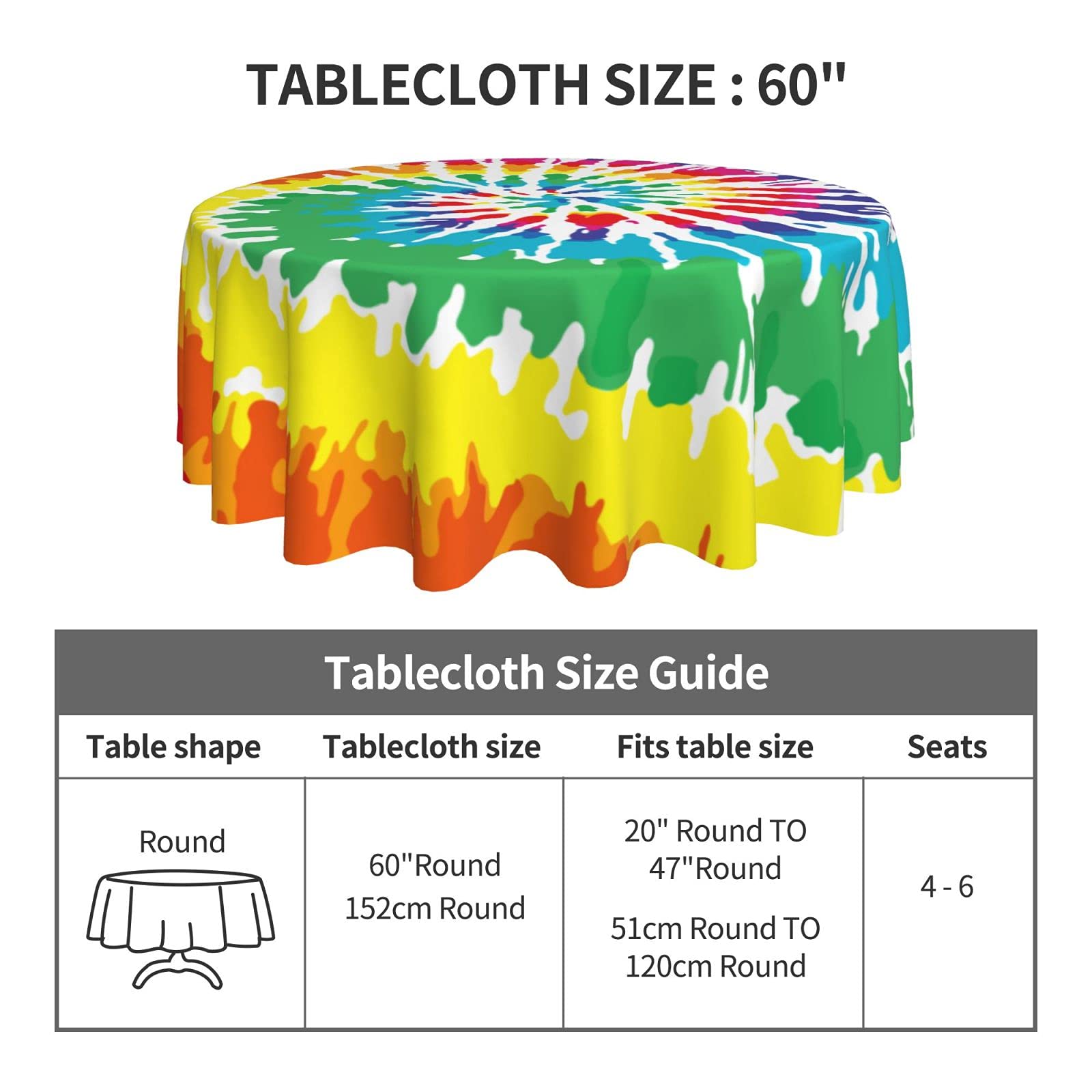 Vibrant Tie-Dye Rainbow Peace Round Tablecloth - Thickened Washable Table Cover for Kitchen, Dining, Party Decor (60 Inch) | Perfect for Boho Home Decor, Outdoor Picnics & Festive Gatherings